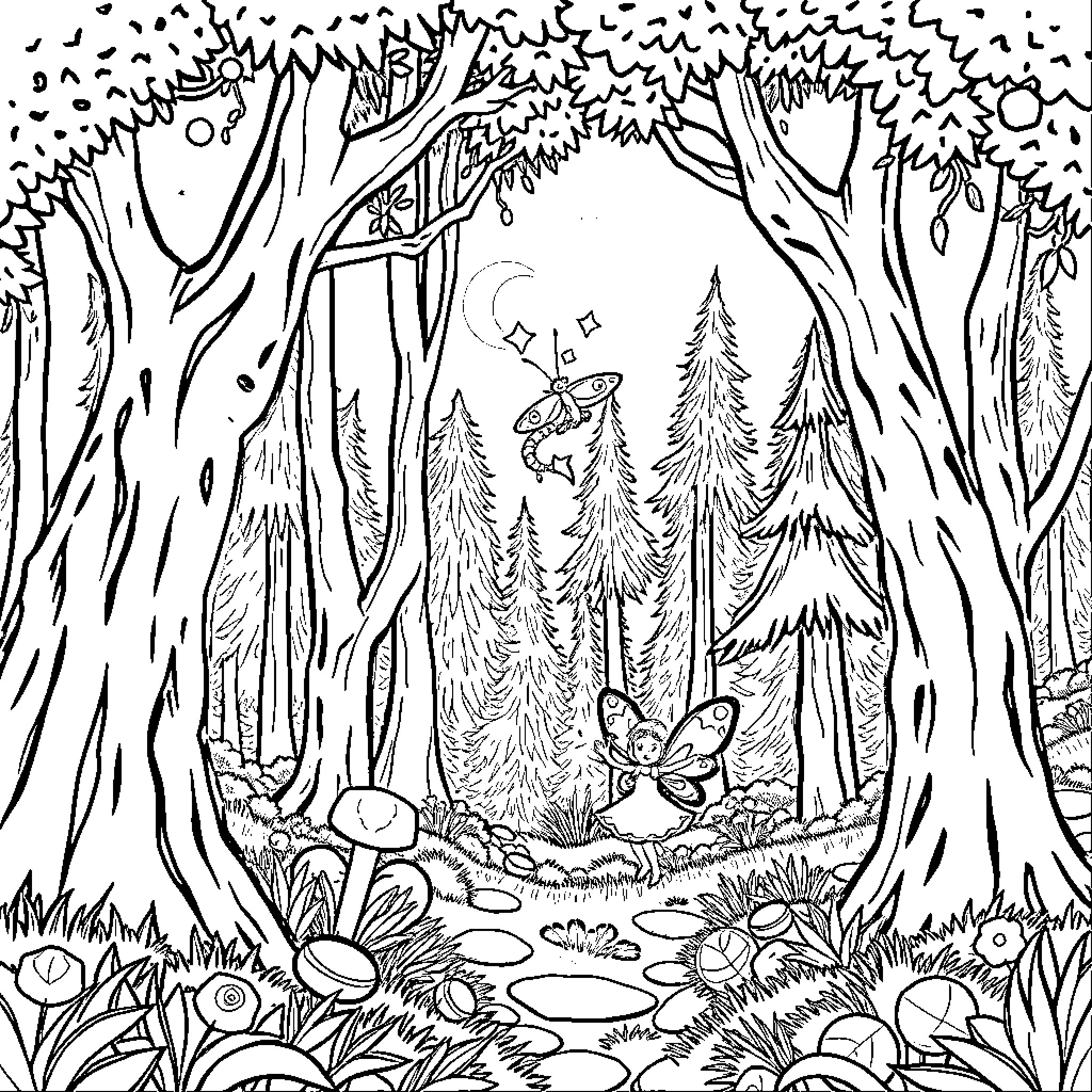 Fairy Fantasy Forest with Whimsical Creatures Coloring Page (free black-and-white line drawing printable PDF for all, from beginners to advanced learners, including children, teens, adults, and seniors)