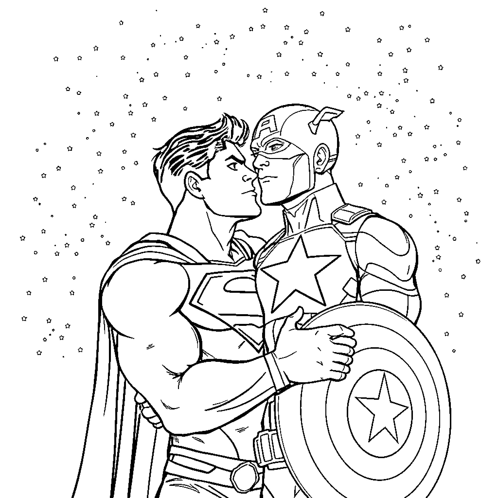 Superheroes embrace in the snowy night Coloring Page (free black-and-white line drawing printable PDF for all, from beginners to advanced learners, including children, teens, adults, and seniors)