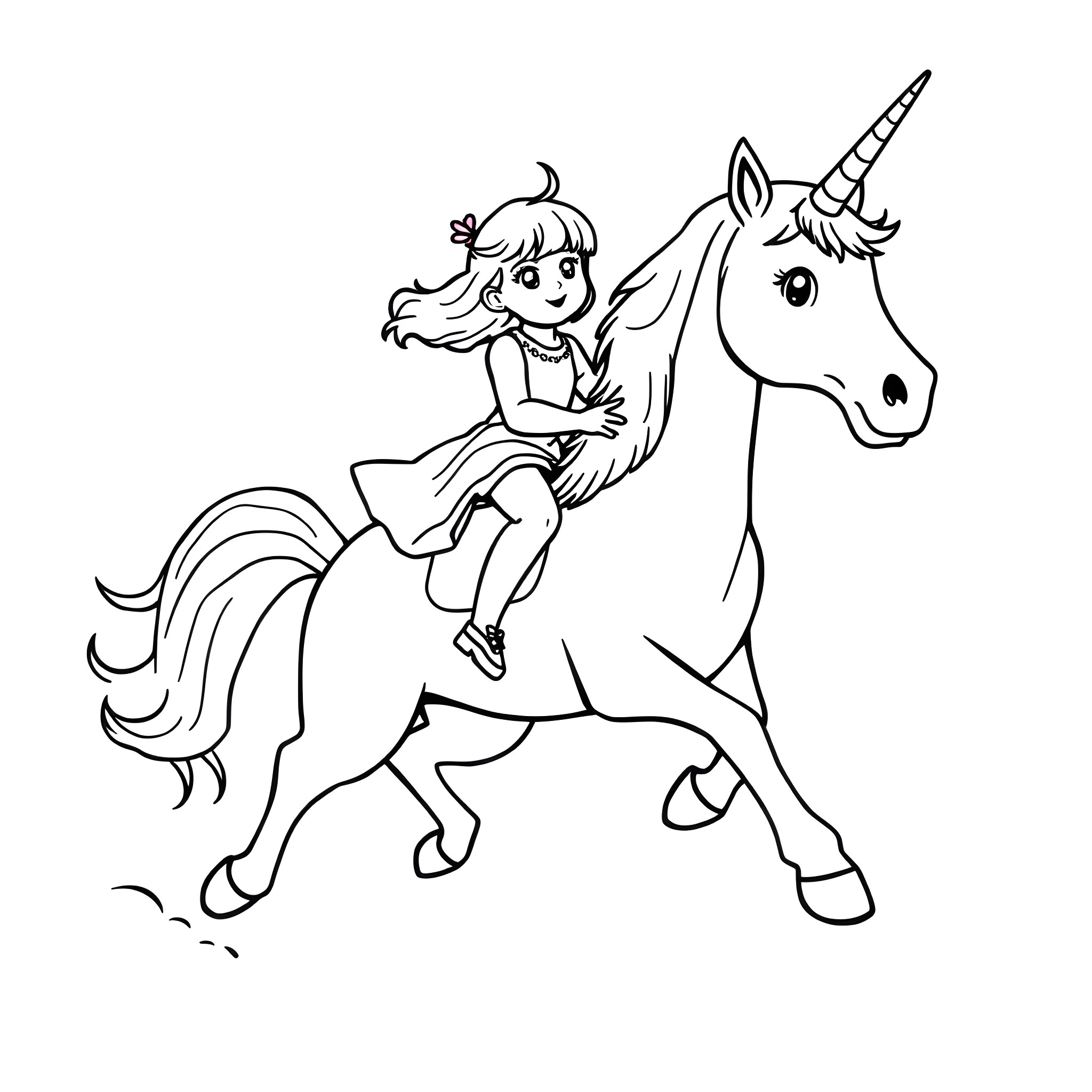 Girl riding a unicorn happily Coloring Page (free black-and-white line drawing printable PDF for all, from beginners to advanced learners, including children, teens, adults, and seniors)