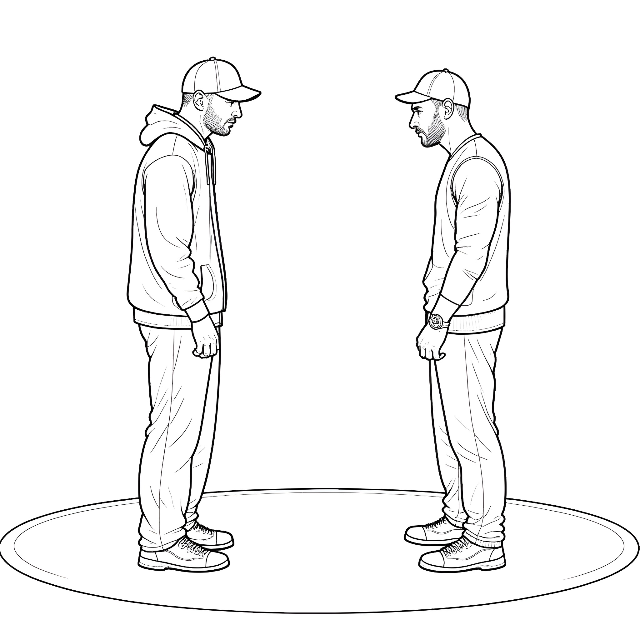 Eminem fans talking animatedly Coloring Page (free black-and-white line drawing printable PDF for all, from beginners to advanced learners, including children, teens, adults, and seniors)