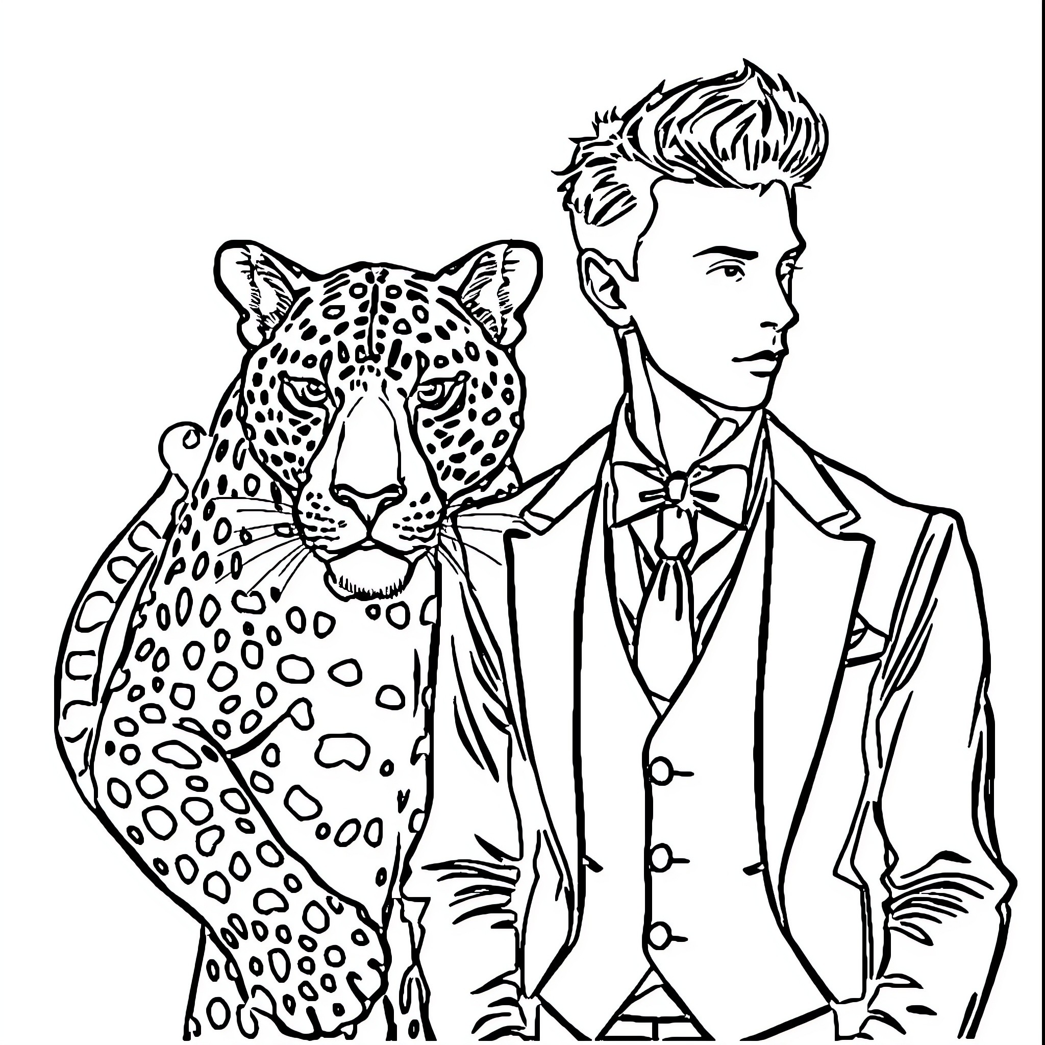 Leopard with a well-dressed gentleman Coloring Page (free black-and-white line drawing printable PDF for all, from beginners to advanced learners, including children, teens, adults, and seniors)