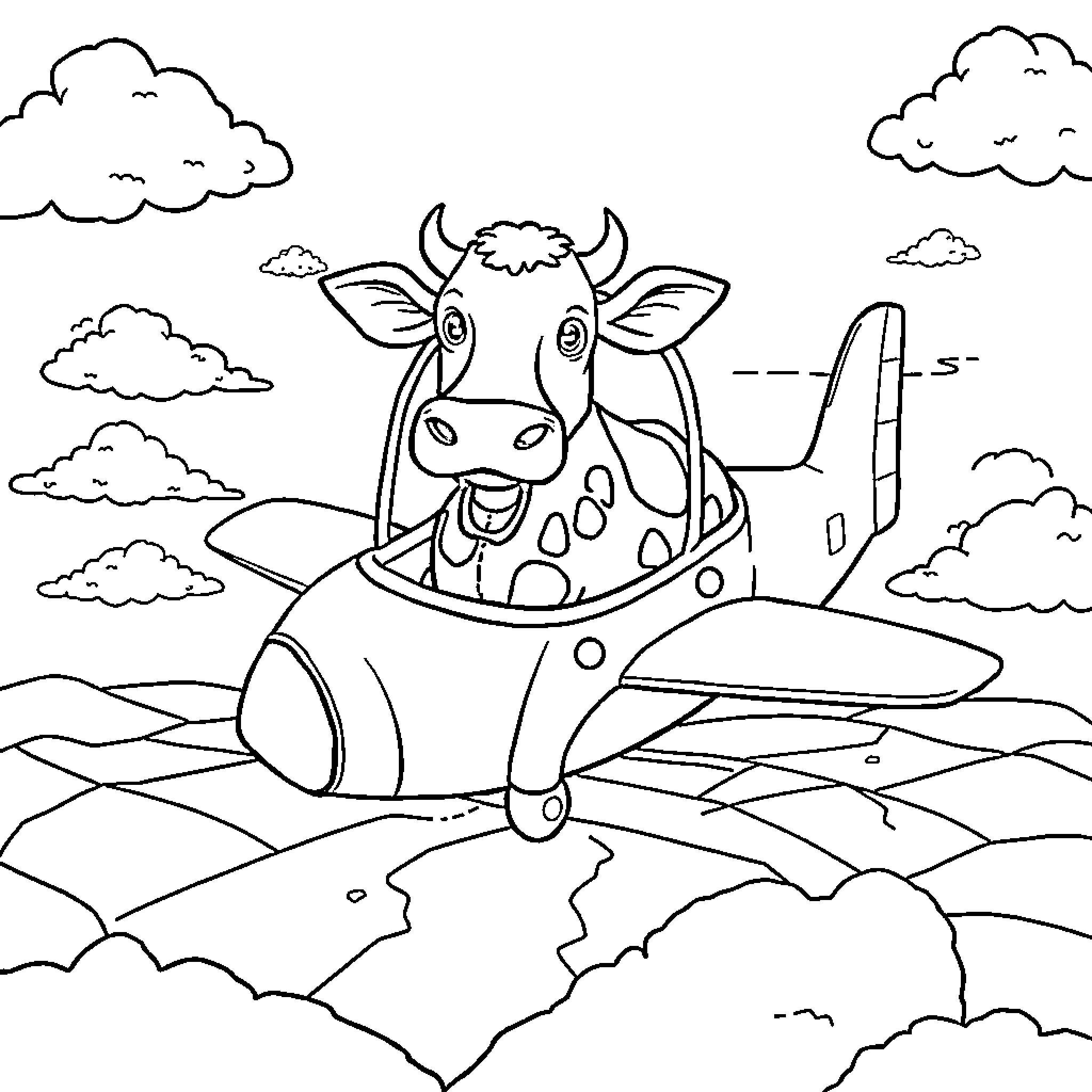 Cow flying an airplane over clouds Coloring Page (free black-and-white line drawing printable PDF for all, from beginners to advanced learners, including children, teens, adults, and seniors)