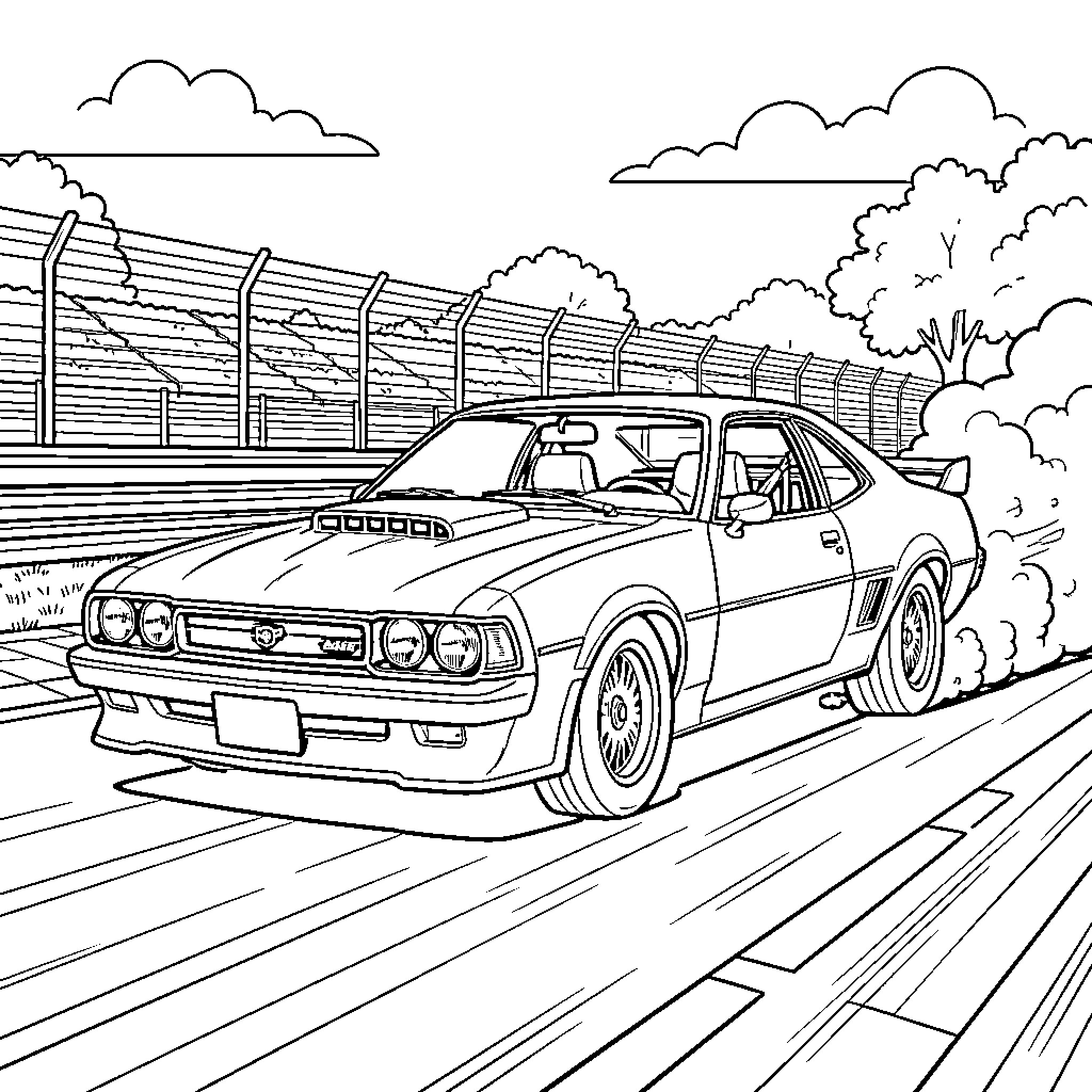 Holden Torana racing on track with scenic background Coloring Page (free black-and-white line drawing printable PDF for all, from beginners to advanced learners, including children, teens, adults, and seniors)