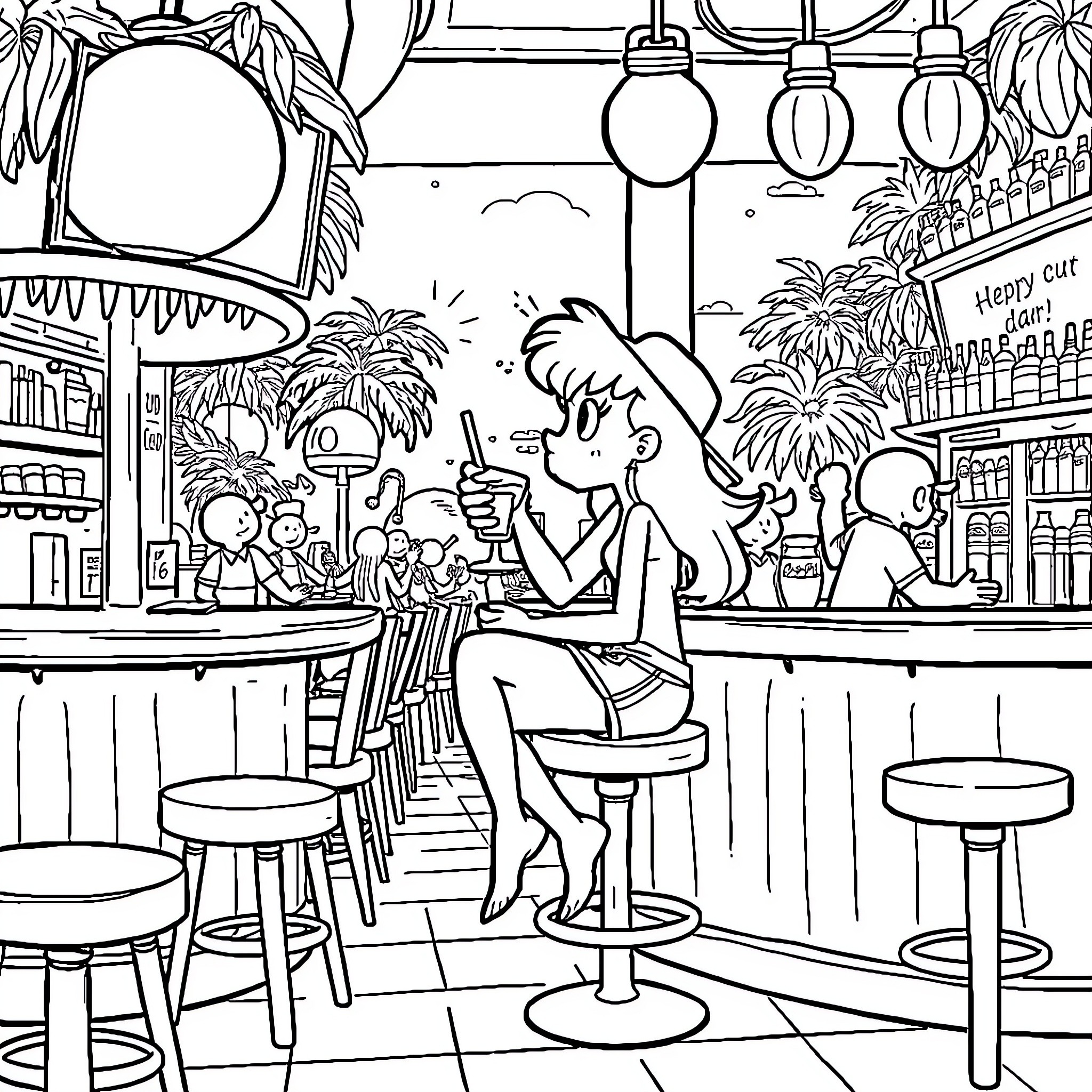 Cartoon Characters in a Lively Cafe Scene Coloring Page (free black-and-white line drawing printable PDF for all, from beginners to advanced learners, including children, teens, adults, and seniors)