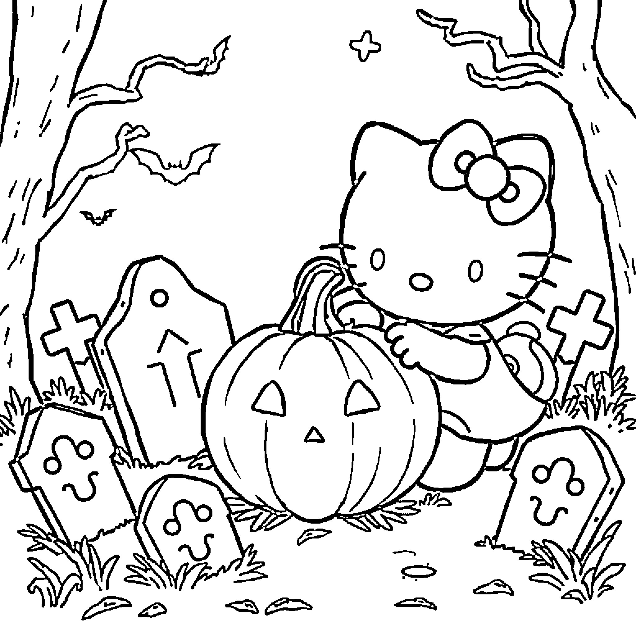 Hello Kitty celebrates Halloween with pumpkins and tombstones Coloring Page (free black-and-white line drawing printable PDF for all, from beginners to advanced learners, including children, teens, adults, and seniors)