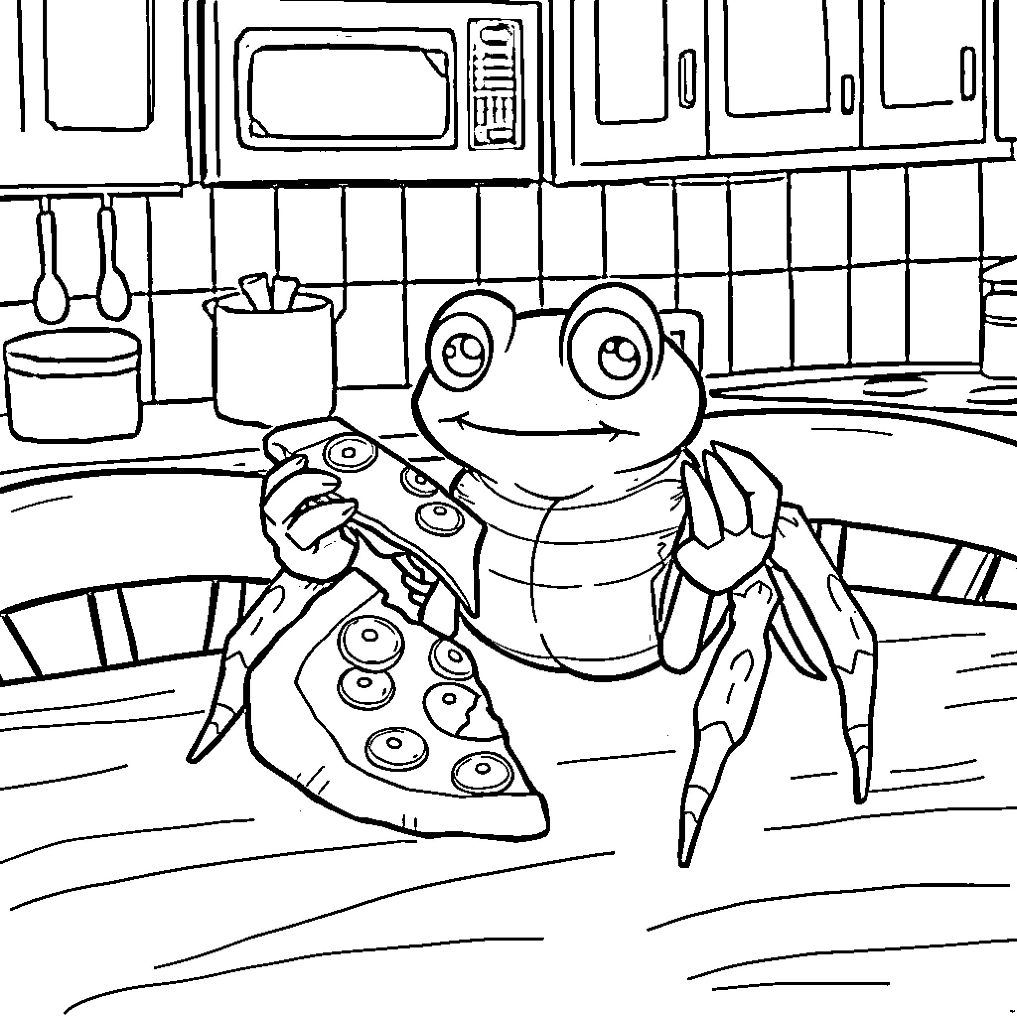 Spider Frog Cooking in the Kitchen Coloring Page (free black-and-white line drawing printable PDF for all, from beginners to advanced learners, including children, teens, adults, and seniors)