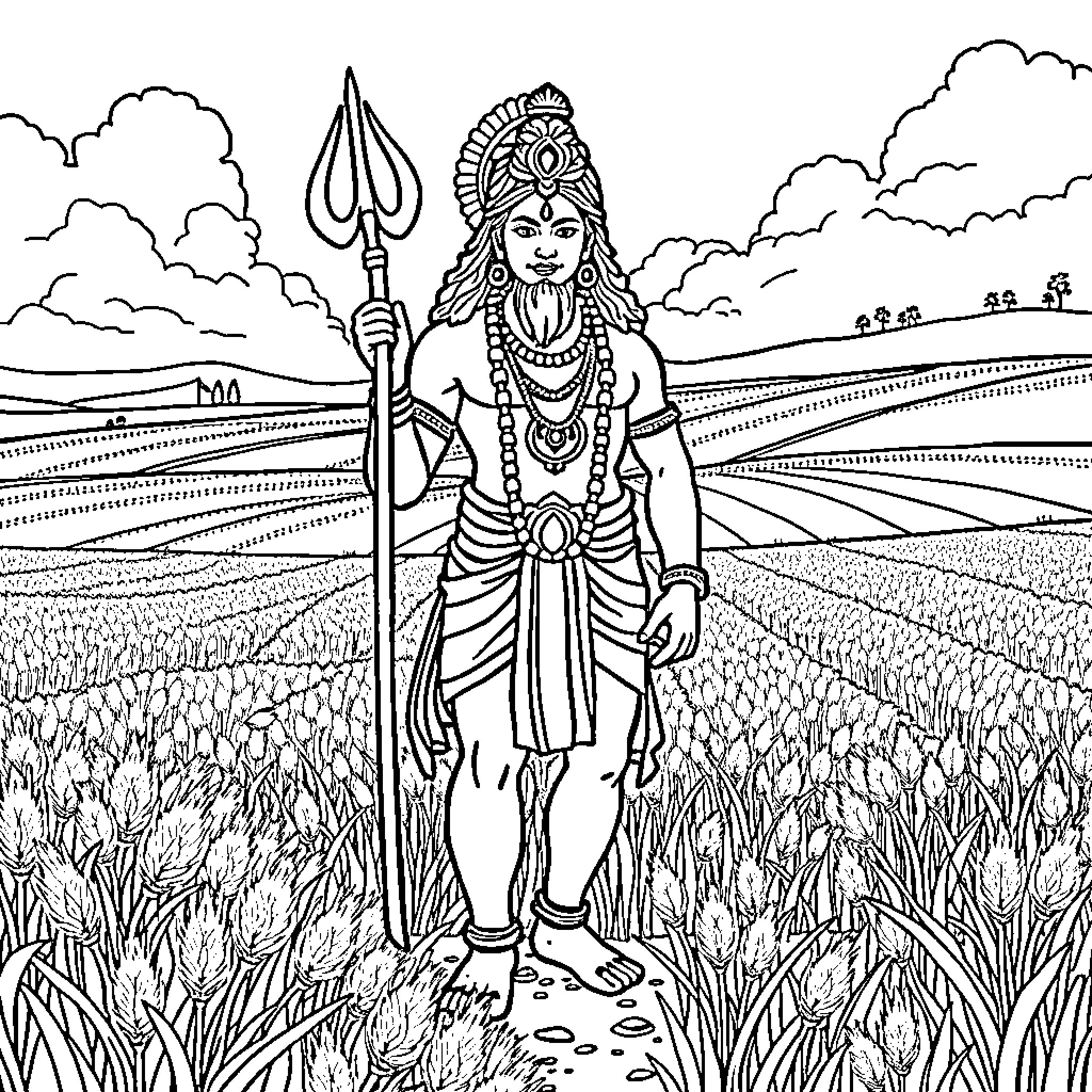 Hanuman, the Monkey God, in a Serene Rural Landscape Coloring Page (free black-and-white line drawing printable PDF for all, from beginners to advanced learners, including children, teens, adults, and seniors)