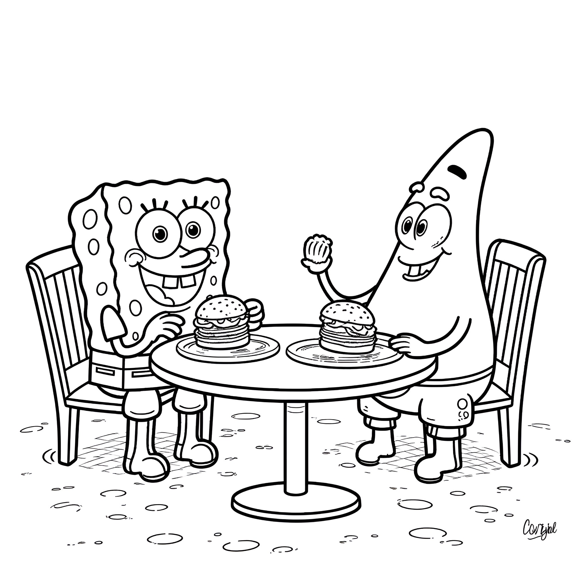 Spongebob and Patrick enjoy burgers together Coloring Page (free black-and-white line drawing printable PDF for all, from beginners to advanced learners, including children, teens, adults, and seniors)