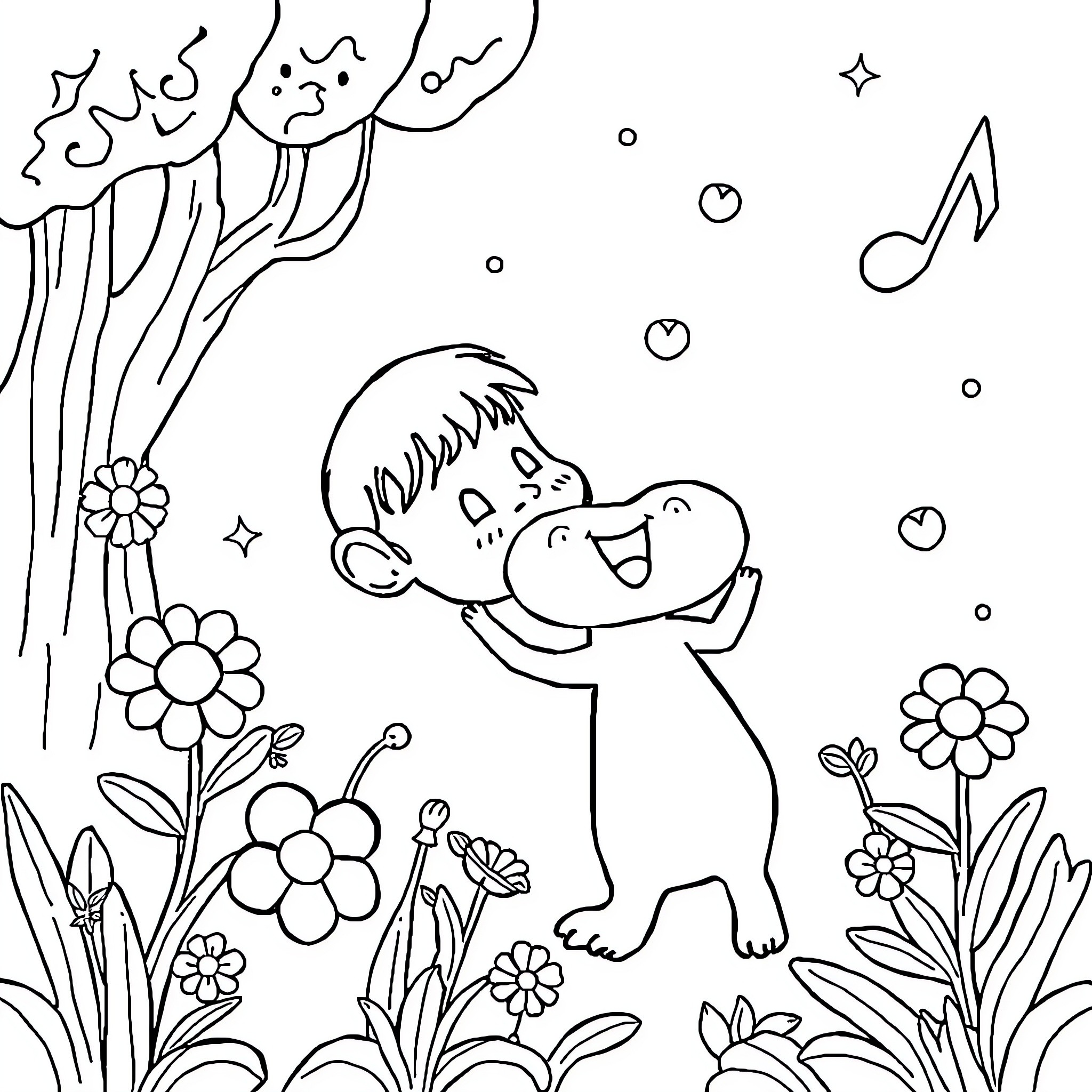 Tralalero Happy Creature Exploring Floral Wonderland Coloring Page (free black-and-white line drawing printable PDF for all, from beginners to advanced learners, including children, teens, adults, and seniors)
