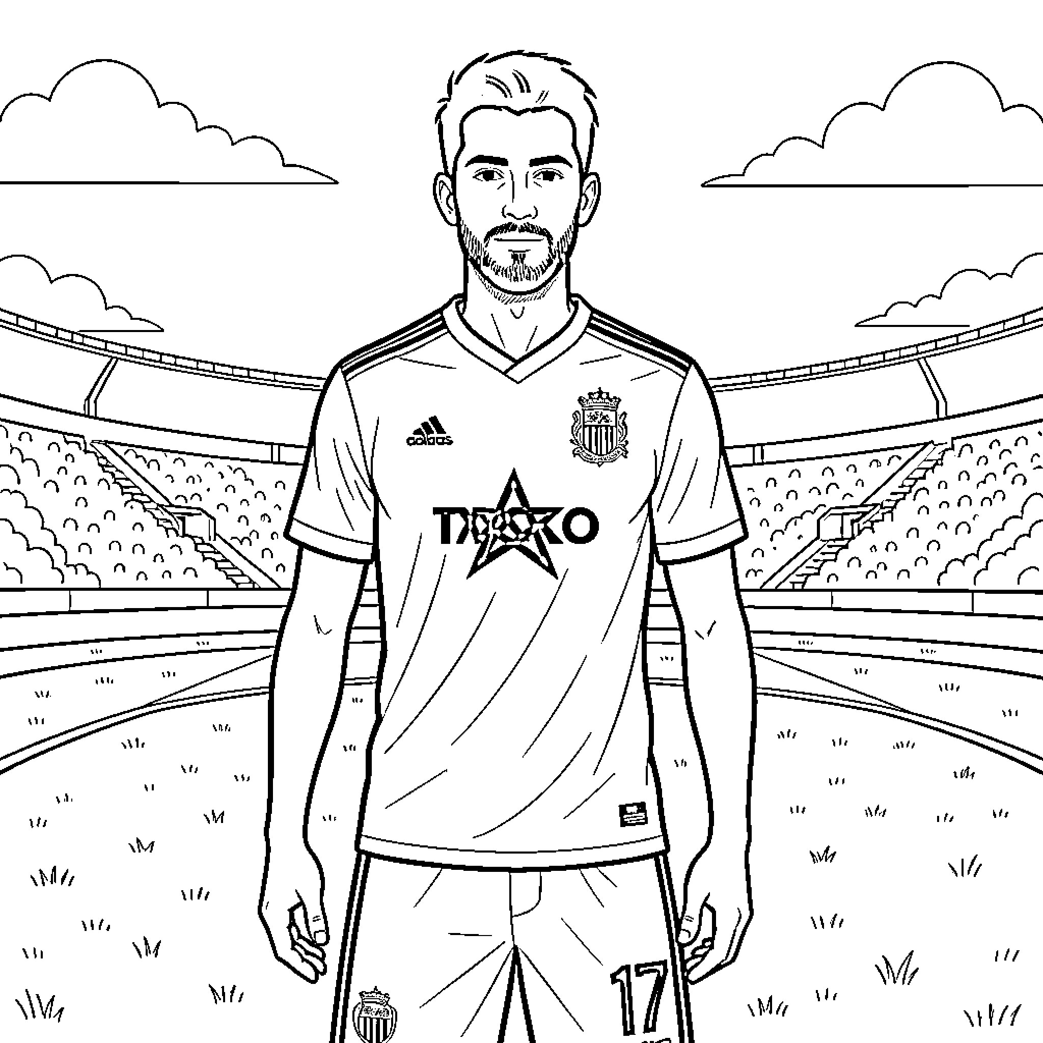 Soccer Jersey worn by a player in a stadium Coloring Page (free black-and-white line drawing printable PDF for all, from beginners to advanced learners, including children, teens, adults, and seniors)