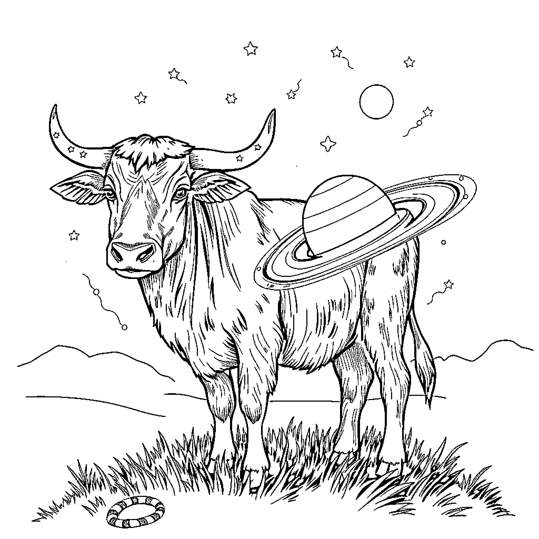 Cow in cosmic landscape with stars and planets Coloring Page (free black-and-white line drawing printable PDF for all, from beginners to advanced learners, including children, teens, adults, and seniors)