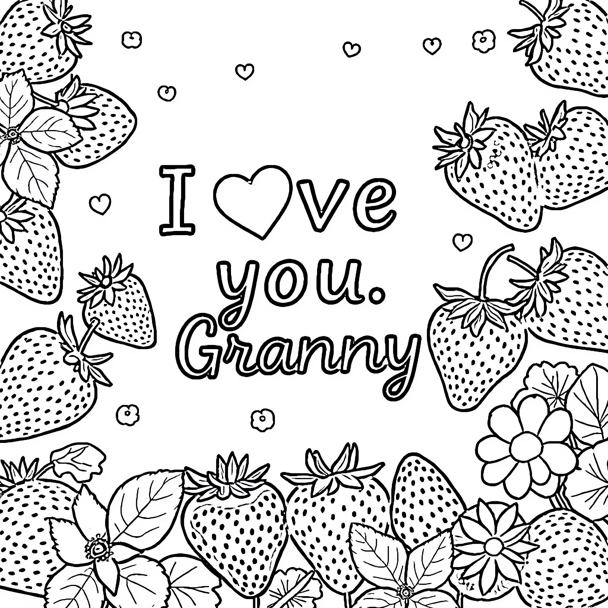Strawberry Love Message for Granny Coloring Page (free black-and-white line drawing printable PDF for all, from beginners to advanced learners, including children, teens, adults, and seniors)