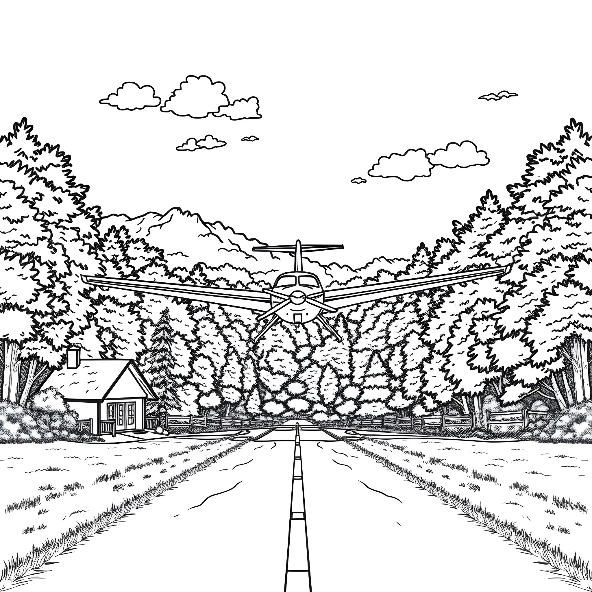 Cessna aircraft flying over rural landscape Coloring Page (free black-and-white line drawing printable PDF for all, from beginners to advanced learners, including children, teens, adults, and seniors)
