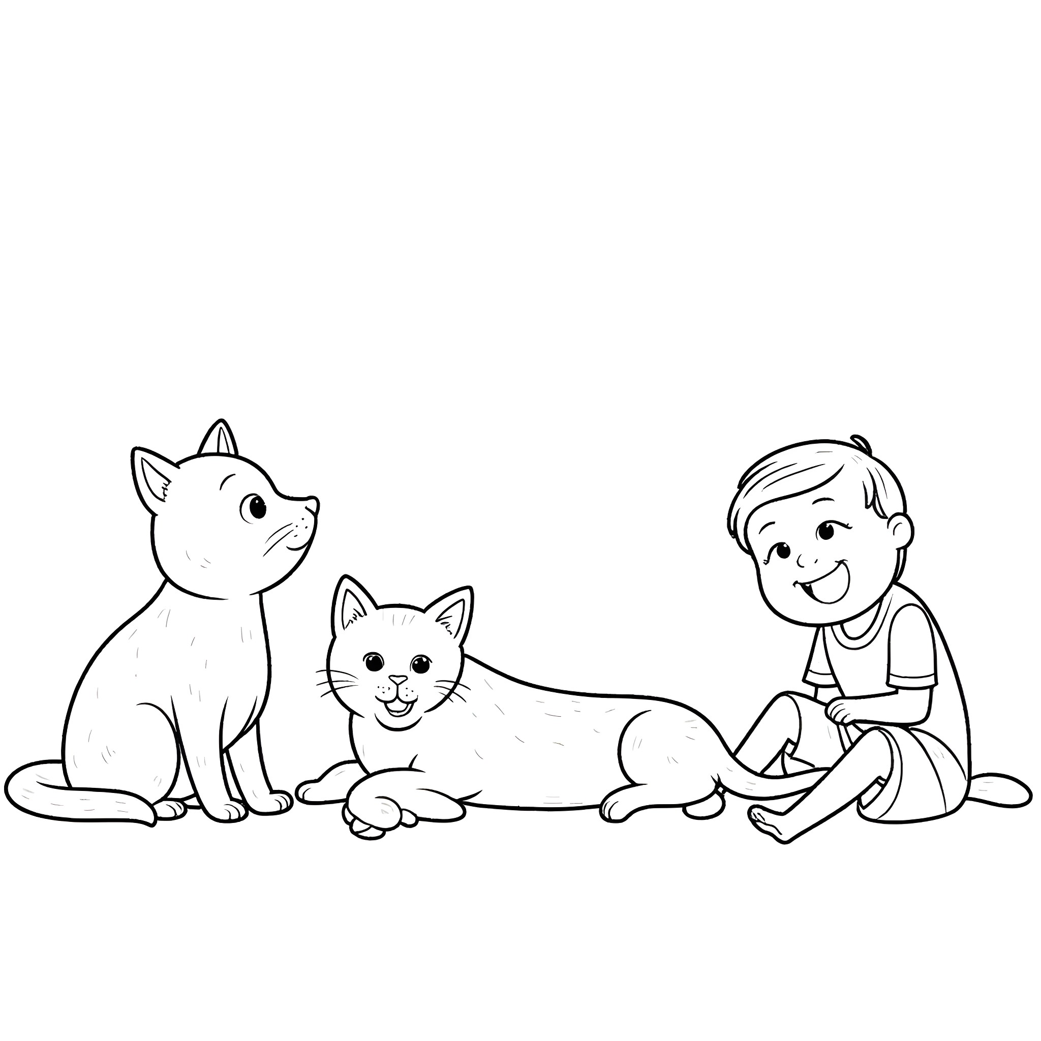 Cat and child playing together happily Coloring Page (free black-and-white line drawing printable PDF for all, from beginners to advanced learners, including children, teens, adults, and seniors)