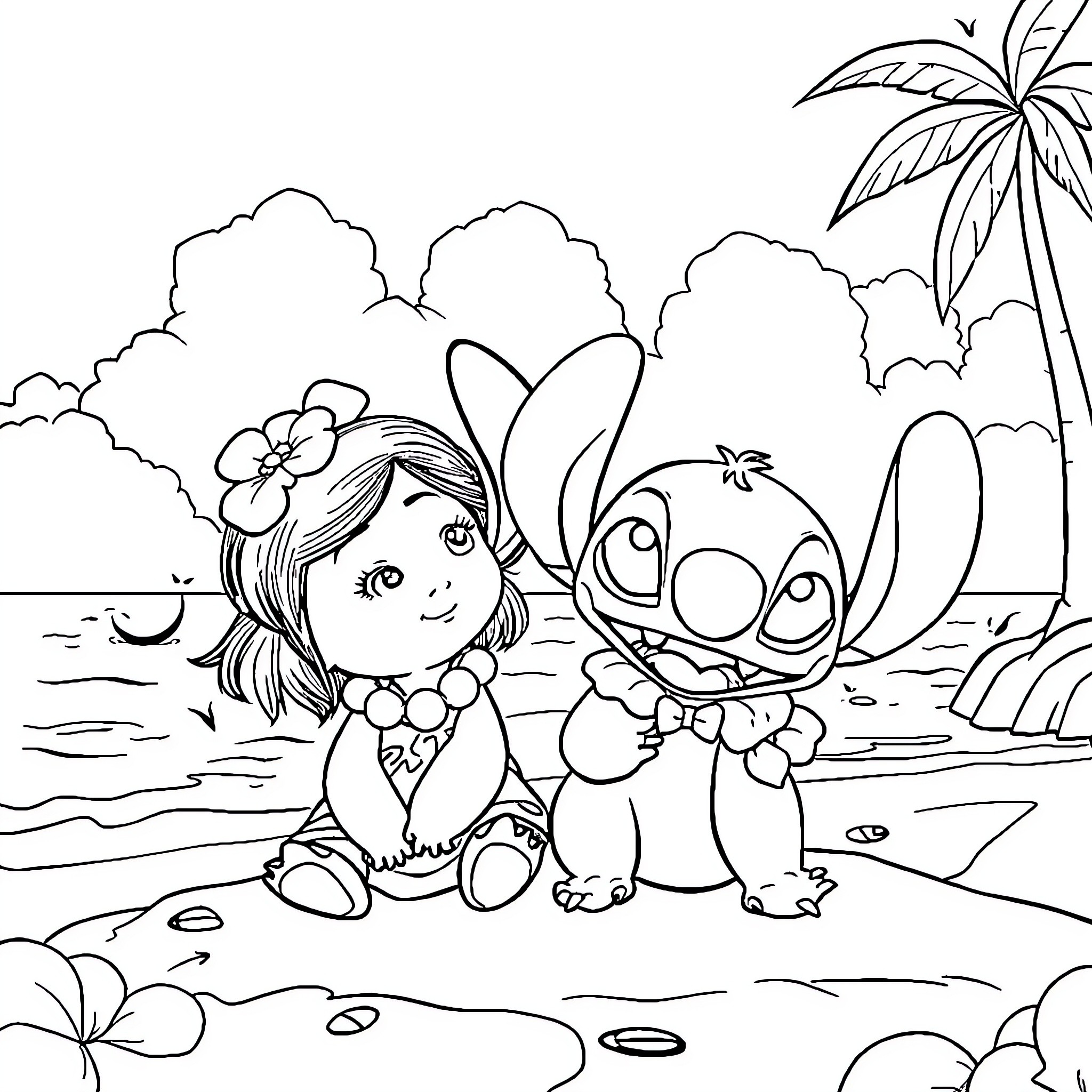 Lilo And Stitch Enjoying a Tropical Adventure Coloring Page (free black-and-white line drawing printable PDF for all, from beginners to advanced learners, including children, teens, adults, and seniors)