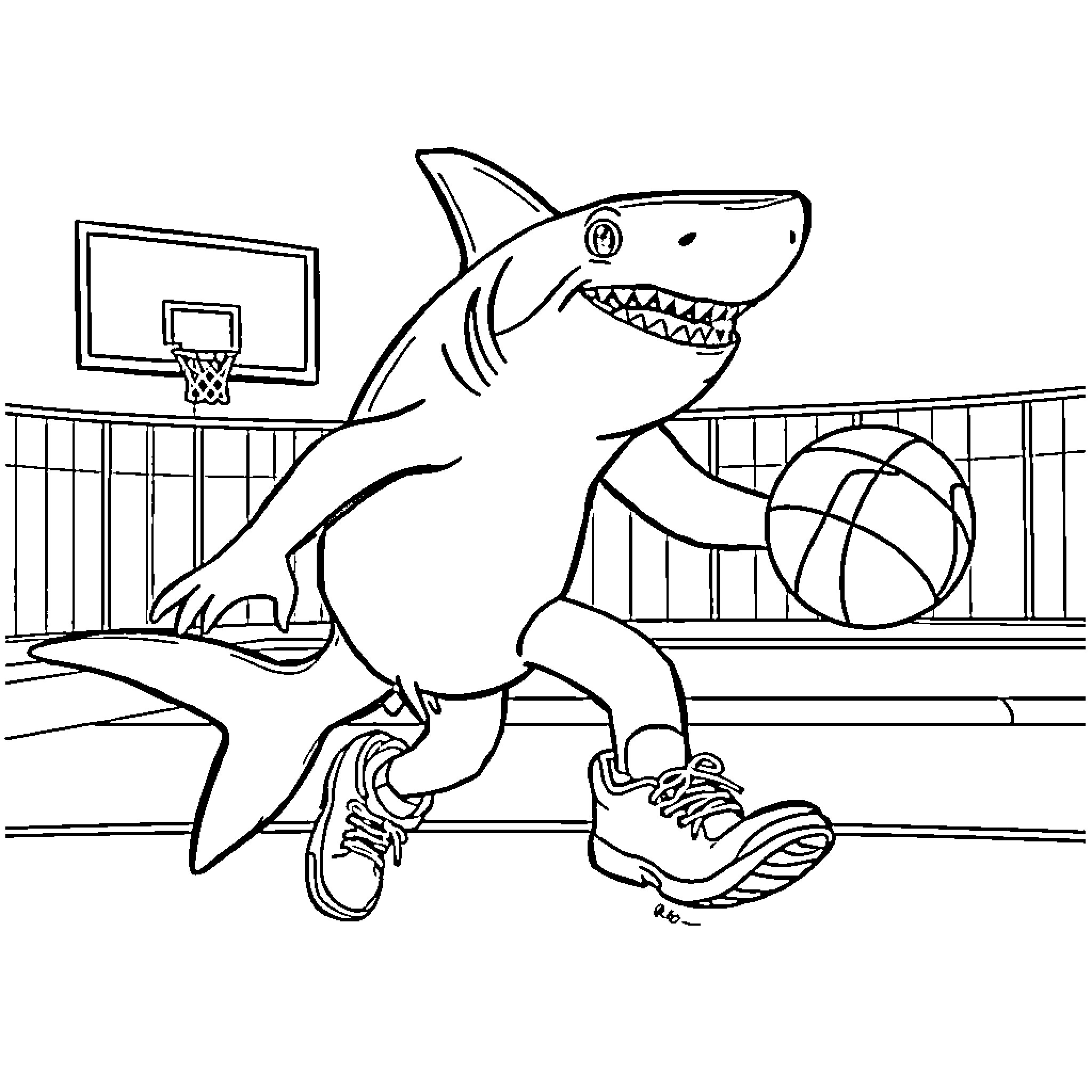 Shark playing basketball on the court Coloring Page (free black-and-white line drawing printable PDF for all, from beginners to advanced learners, including children, teens, adults, and seniors)