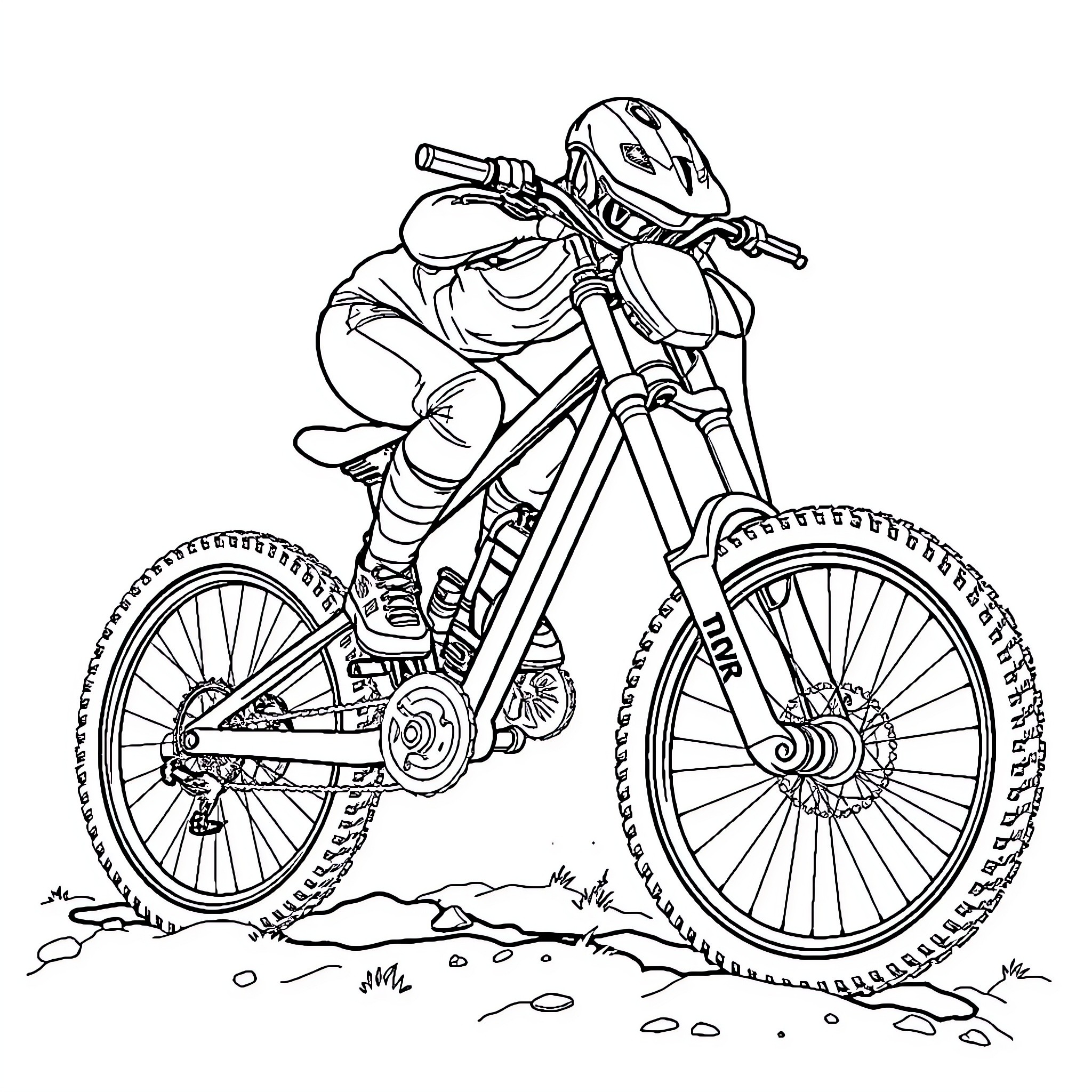 Downhill Bike Rider Navigating Rugged Terrain Coloring Page (free black-and-white line drawing printable PDF for all, from beginners to advanced learners, including children, teens, adults, and seniors)