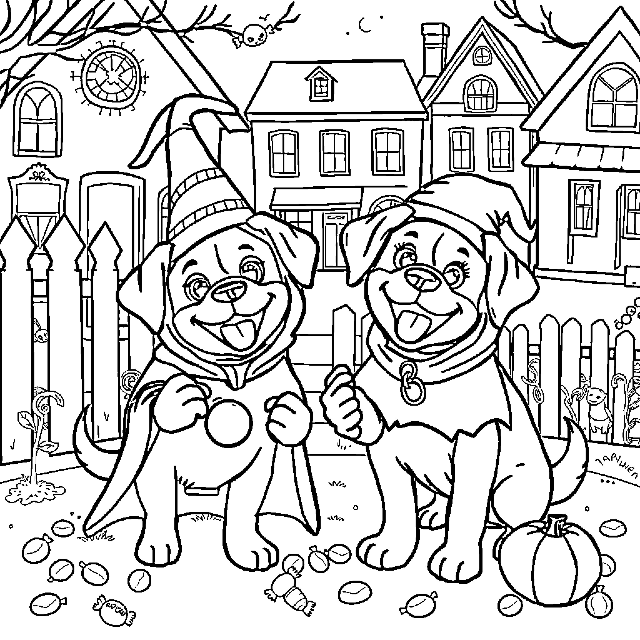 Dog friends having fun in a cozy town Coloring Page (free black-and-white line drawing printable PDF for all, from beginners to advanced learners, including children, teens, adults, and seniors)