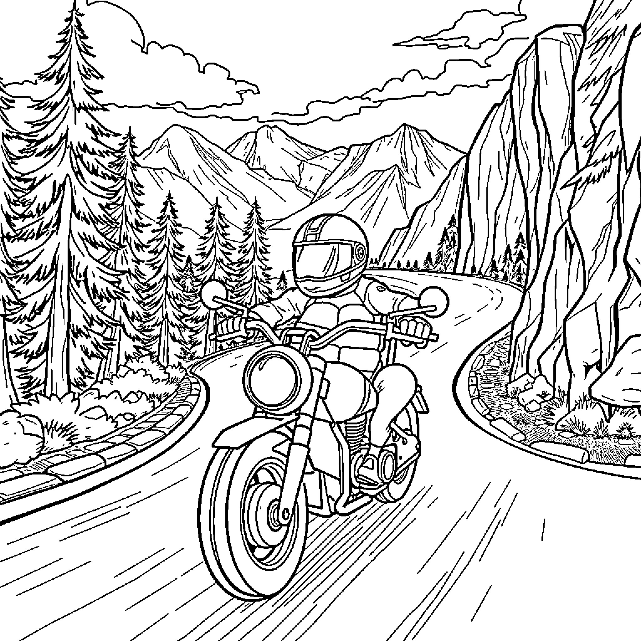 Turtle riding a motorcycle through a scenic mountain landscape Coloring Page (free black-and-white line drawing printable PDF for all, from beginners to advanced learners, including children, teens, adults, and seniors)