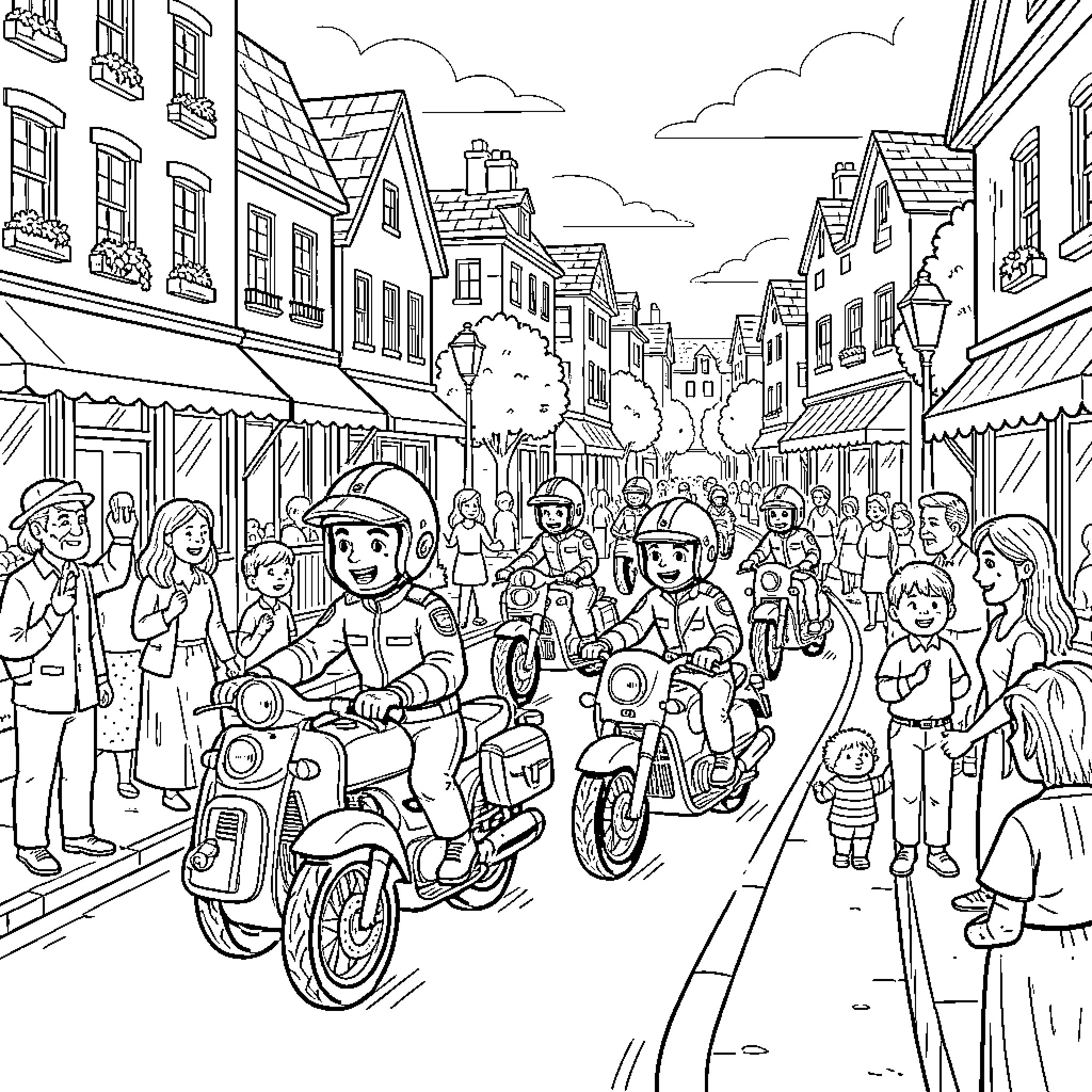 Pat Patrol officers riding scooters through a busy town street Coloring Page (free black-and-white line drawing printable PDF for all, from beginners to advanced learners, including children, teens, adults, and seniors)