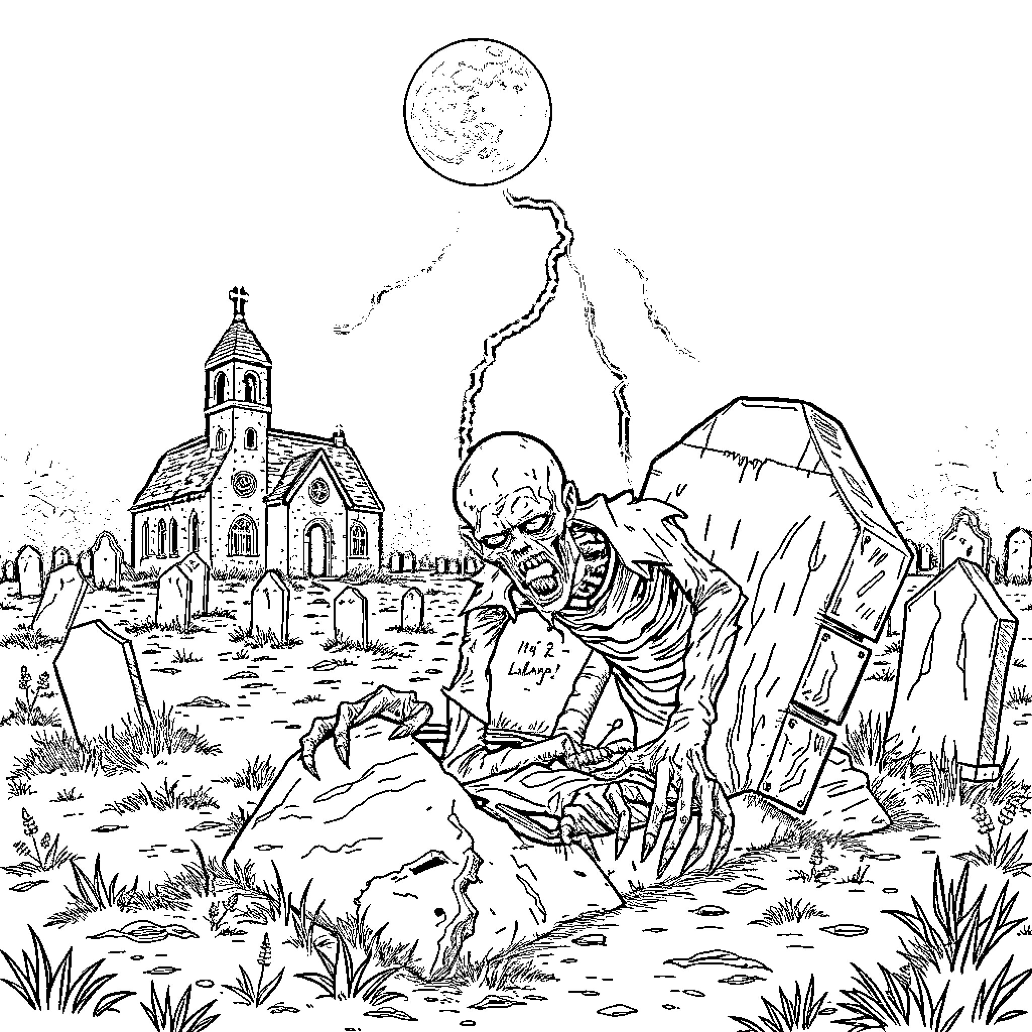 Zombie Uprising in the Graveyard Coloring Page (free black-and-white line drawing printable PDF for all, from beginners to advanced learners, including children, teens, adults, and seniors)