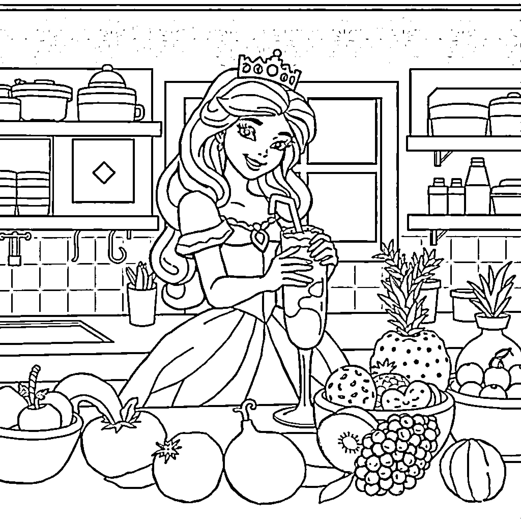 Princess Prepares a Feast in the Royal Kitchen Coloring Page (free black-and-white line drawing printable PDF for all, from beginners to advanced learners, including children, teens, adults, and seniors)