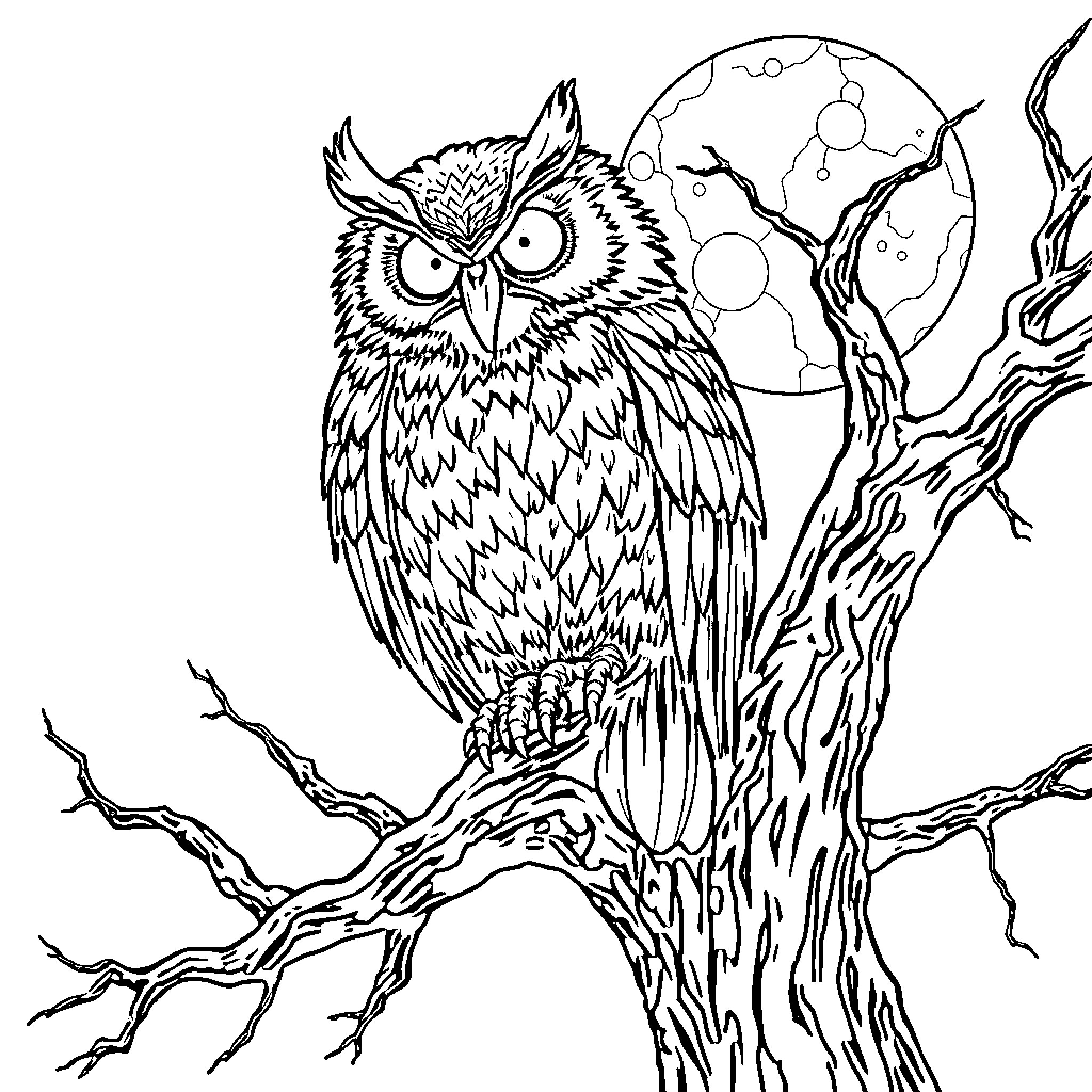 Zombie Owl perched on a spooky tree branch Coloring Page (free black-and-white line drawing printable PDF for all, from beginners to advanced learners, including children, teens, adults, and seniors)