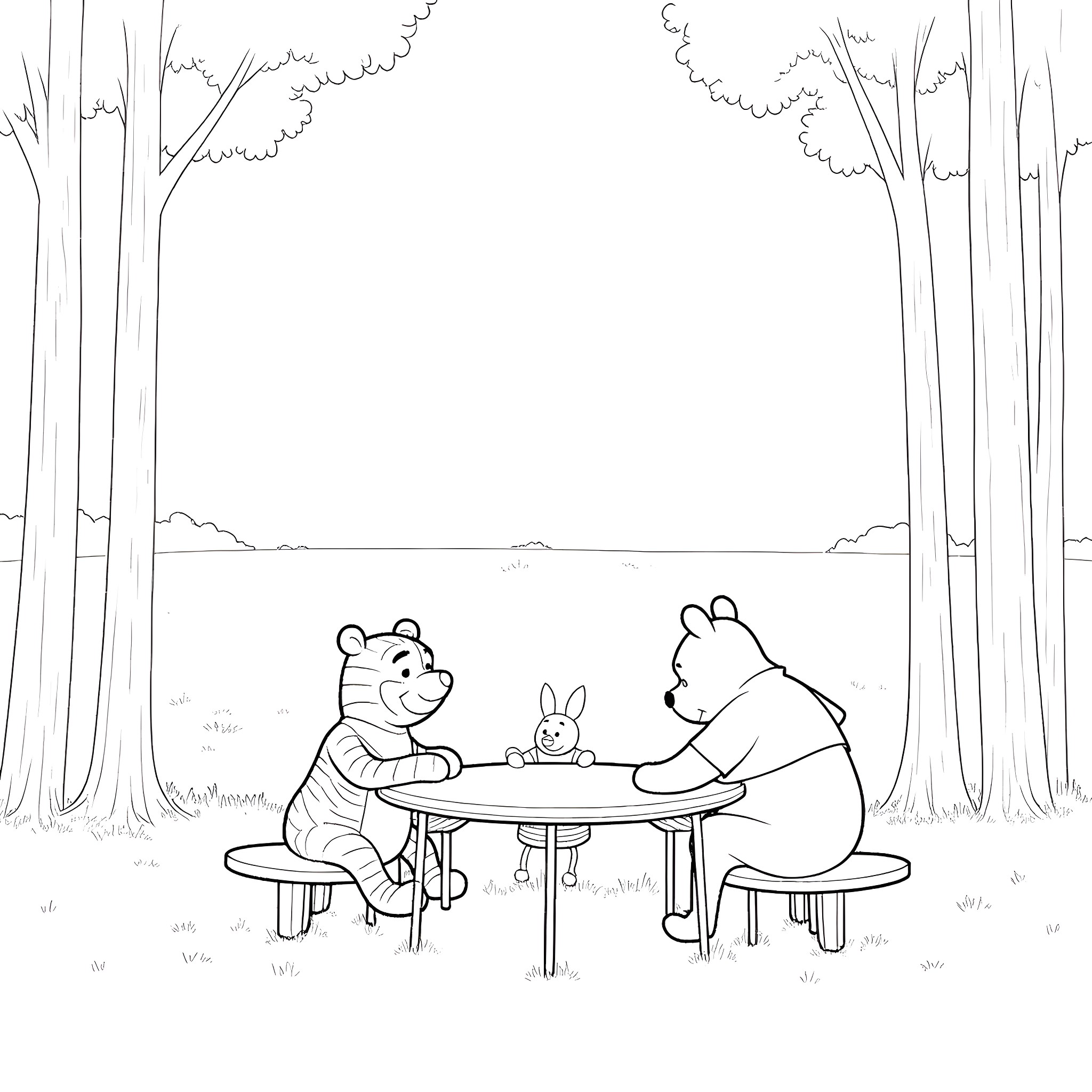 Winnie The Pooh and Friends Enjoying a Picnic in the Woods Coloring Page (free black-and-white line drawing printable PDF for all, from beginners to advanced learners, including children, teens, adults, and seniors)