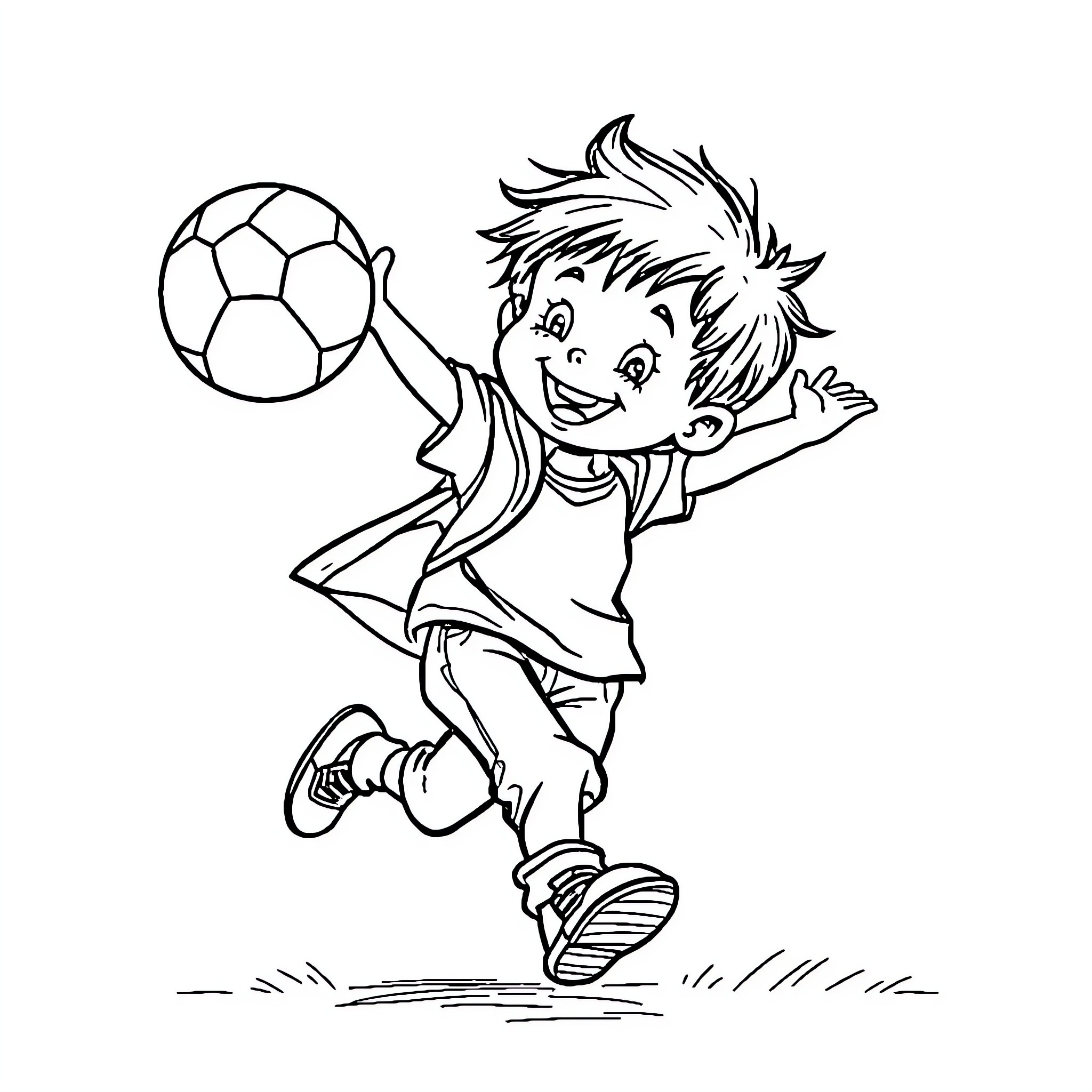 Kid playing joyfully with soccer ball Coloring Page (free black-and-white line drawing printable PDF for all, from beginners to advanced learners, including children, teens, adults, and seniors)