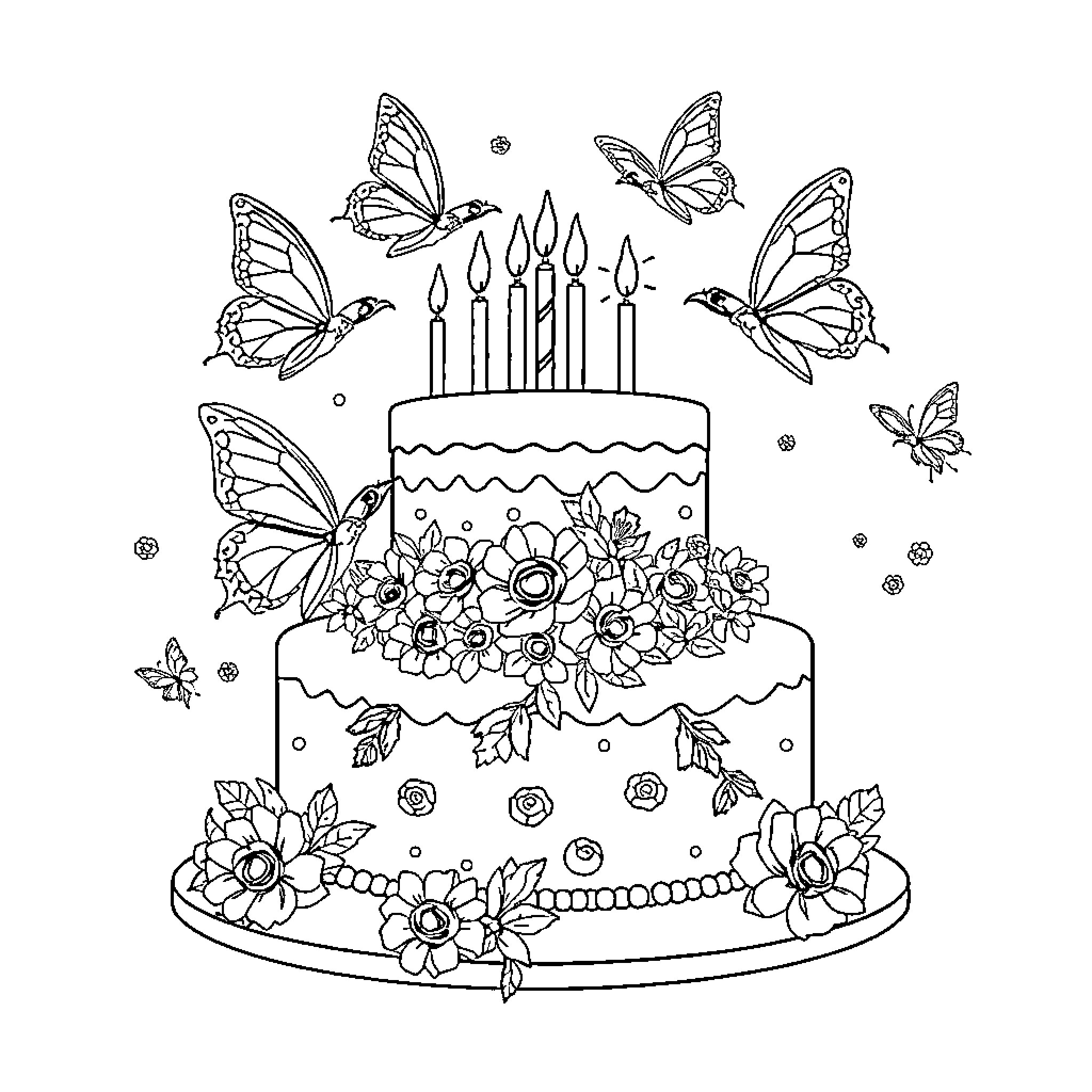 Butterfly-themed birthday cake with flowers and butterflies Coloring Page (free black-and-white line drawing printable PDF for all, from beginners to advanced learners, including children, teens, adults, and seniors)