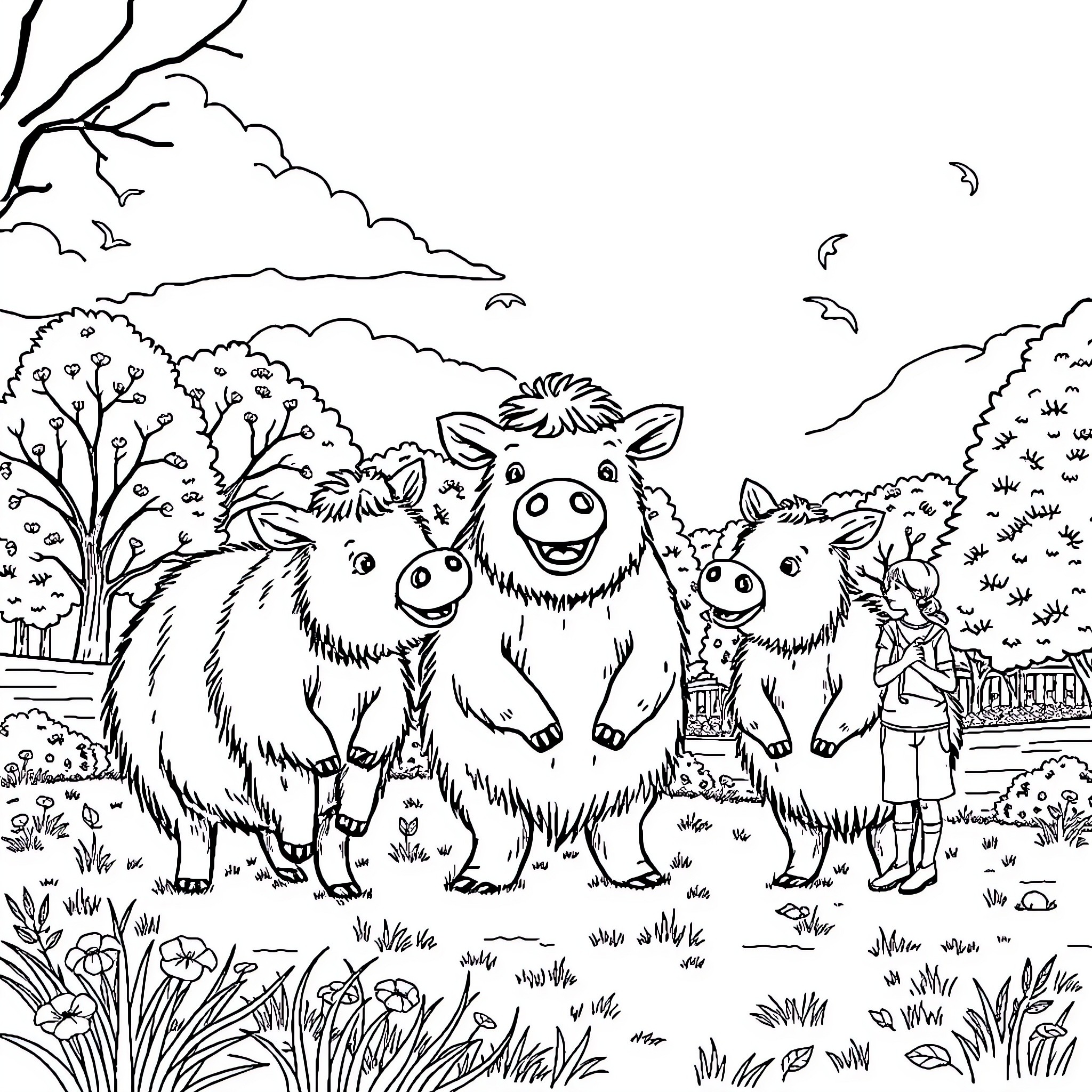 Hare and Fuzzy Animals in Countryside Landscape Coloring Page (free black-and-white line drawing printable PDF for all, from beginners to advanced learners, including children, teens, adults, and seniors)