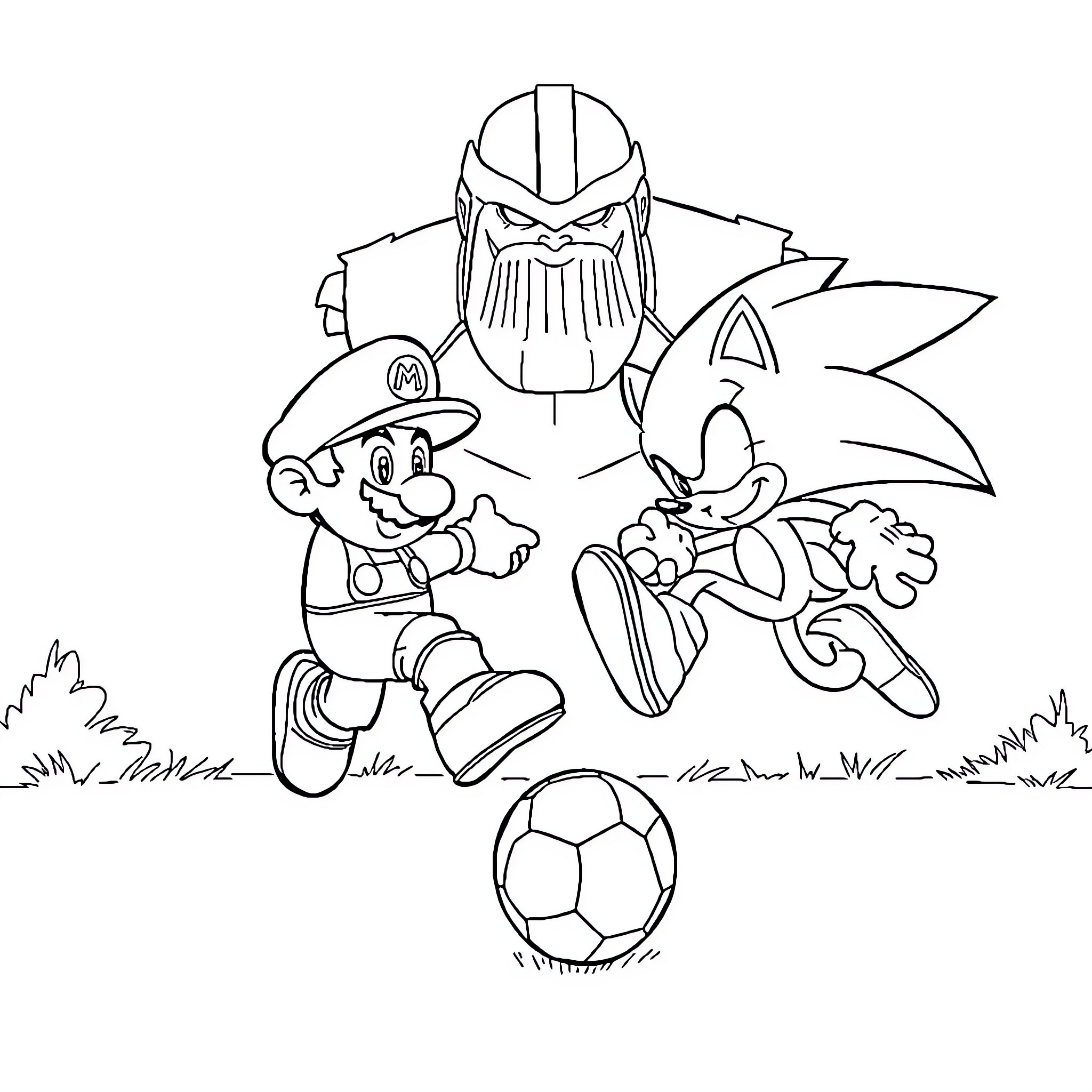 Mario and Sonic playing soccer with Thanos Coloring Page (free black-and-white line drawing printable PDF for all, from beginners to advanced learners, including children, teens, adults, and seniors)