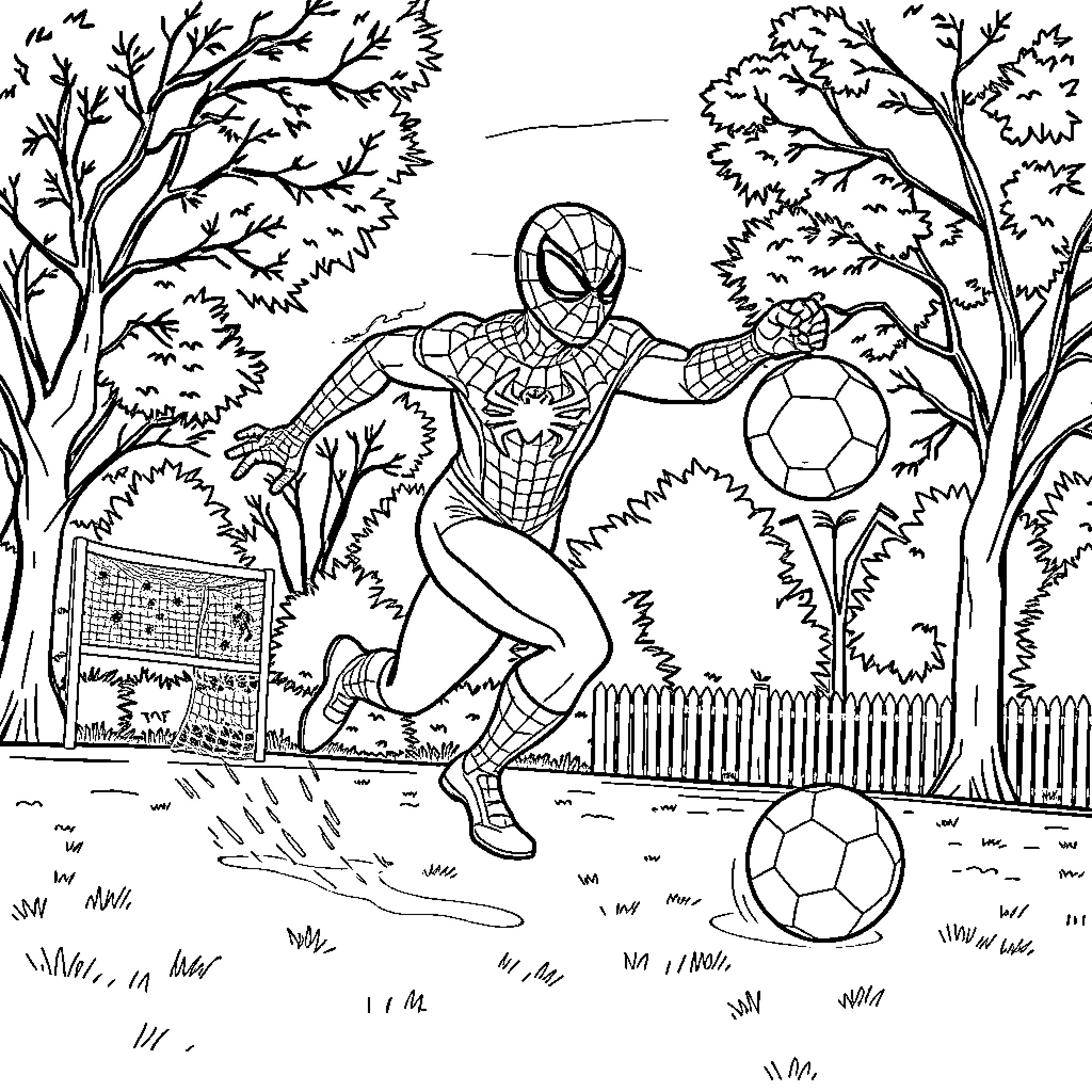 Spiderman playing soccer in the park Coloring Page (free black-and-white line drawing printable PDF for all, from beginners to advanced learners, including children, teens, adults, and seniors)