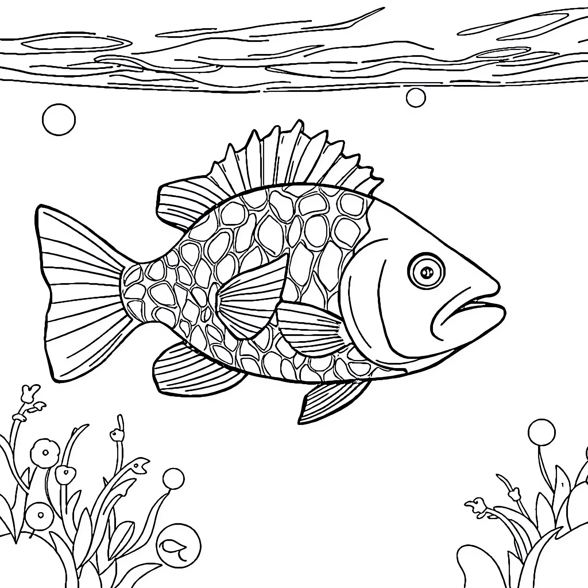 Fish Swimming Curiously in Underwater Scene Coloring Page (free black-and-white line drawing printable PDF for all, from beginners to advanced learners, including children, teens, adults, and seniors)