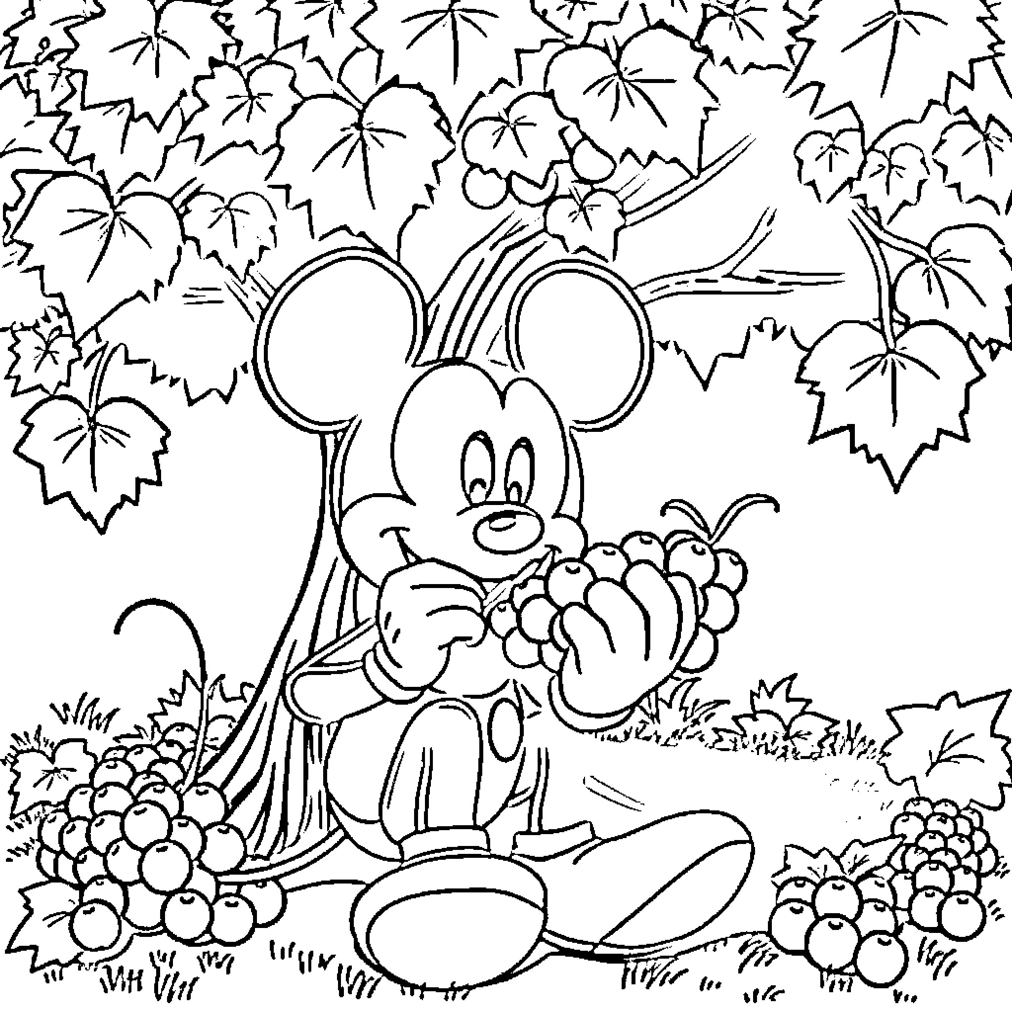Mickey Mouse enjoying autumn leaves and fruit Coloring Page (free black-and-white line drawing printable PDF for all, from beginners to advanced learners, including children, teens, adults, and seniors)
