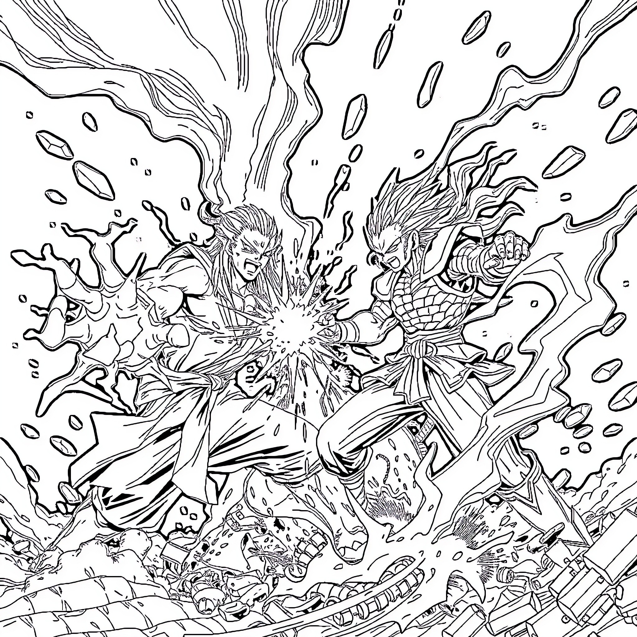 Gojo's Explosive Confrontation with Powerful Foes Coloring Page (free black-and-white line drawing printable PDF for all, from beginners to advanced learners, including children, teens, adults, and seniors)