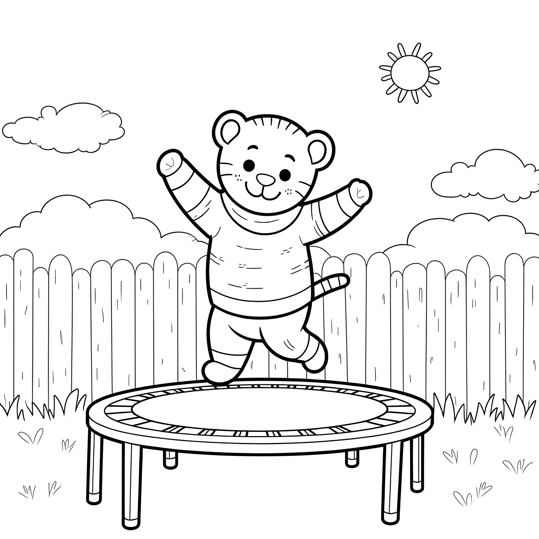 Daniel Tiger bouncing happily on a trampoline Coloring Page (free black-and-white line drawing printable PDF for all, from beginners to advanced learners, including children, teens, adults, and seniors)