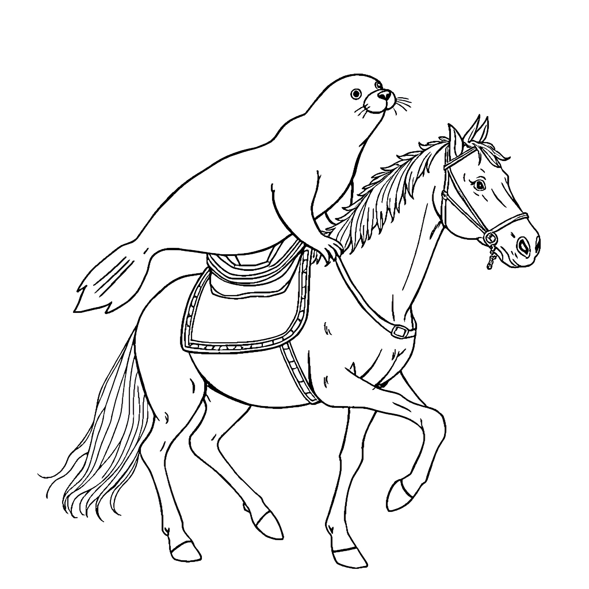 Seal riding a horse with decorative saddle Coloring Page (free black-and-white line drawing printable PDF for all, from beginners to advanced learners, including children, teens, adults, and seniors)