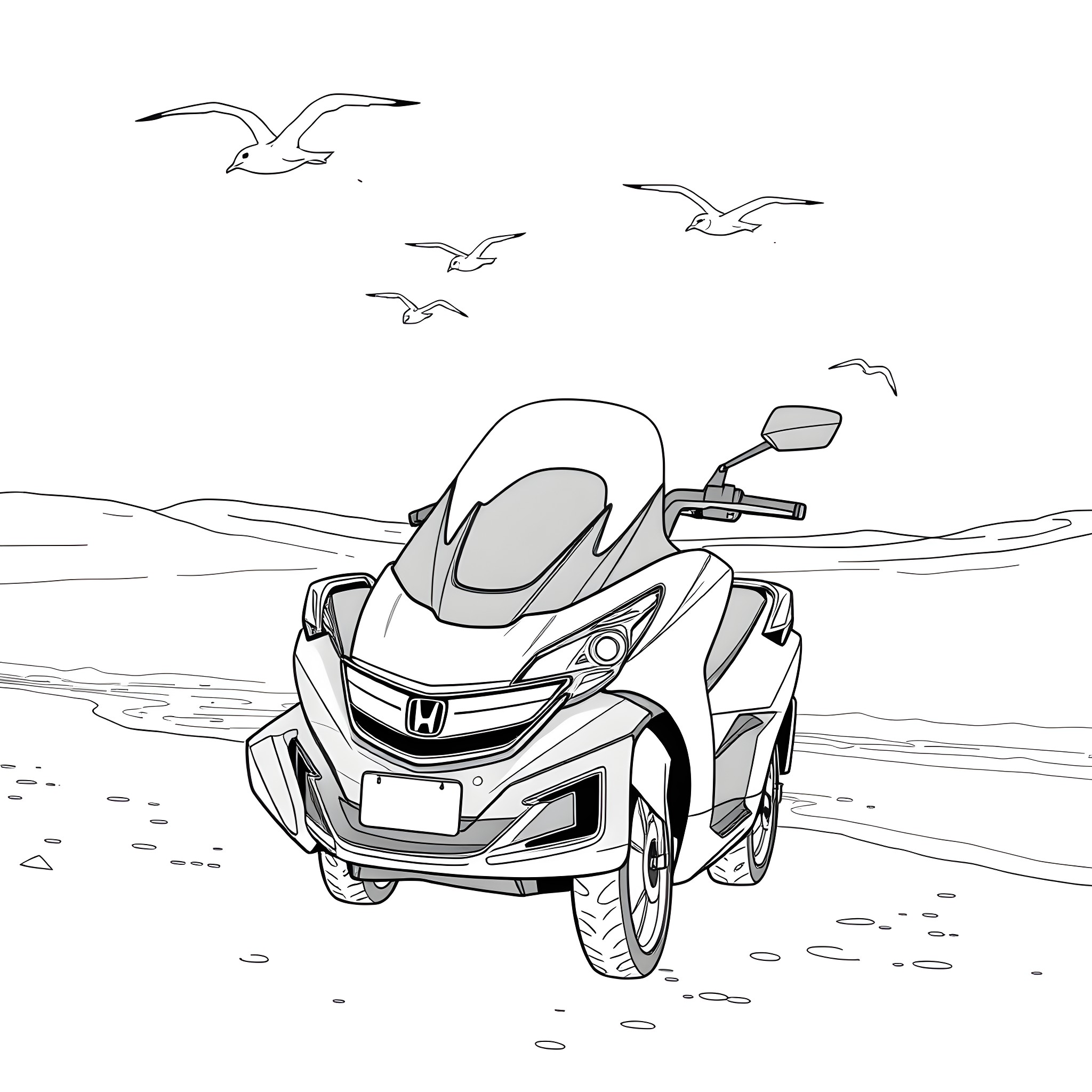 Honda Scooter on the Beach with Seagulls Coloring Page (free black-and-white line drawing printable PDF for all, from beginners to advanced learners, including children, teens, adults, and seniors)