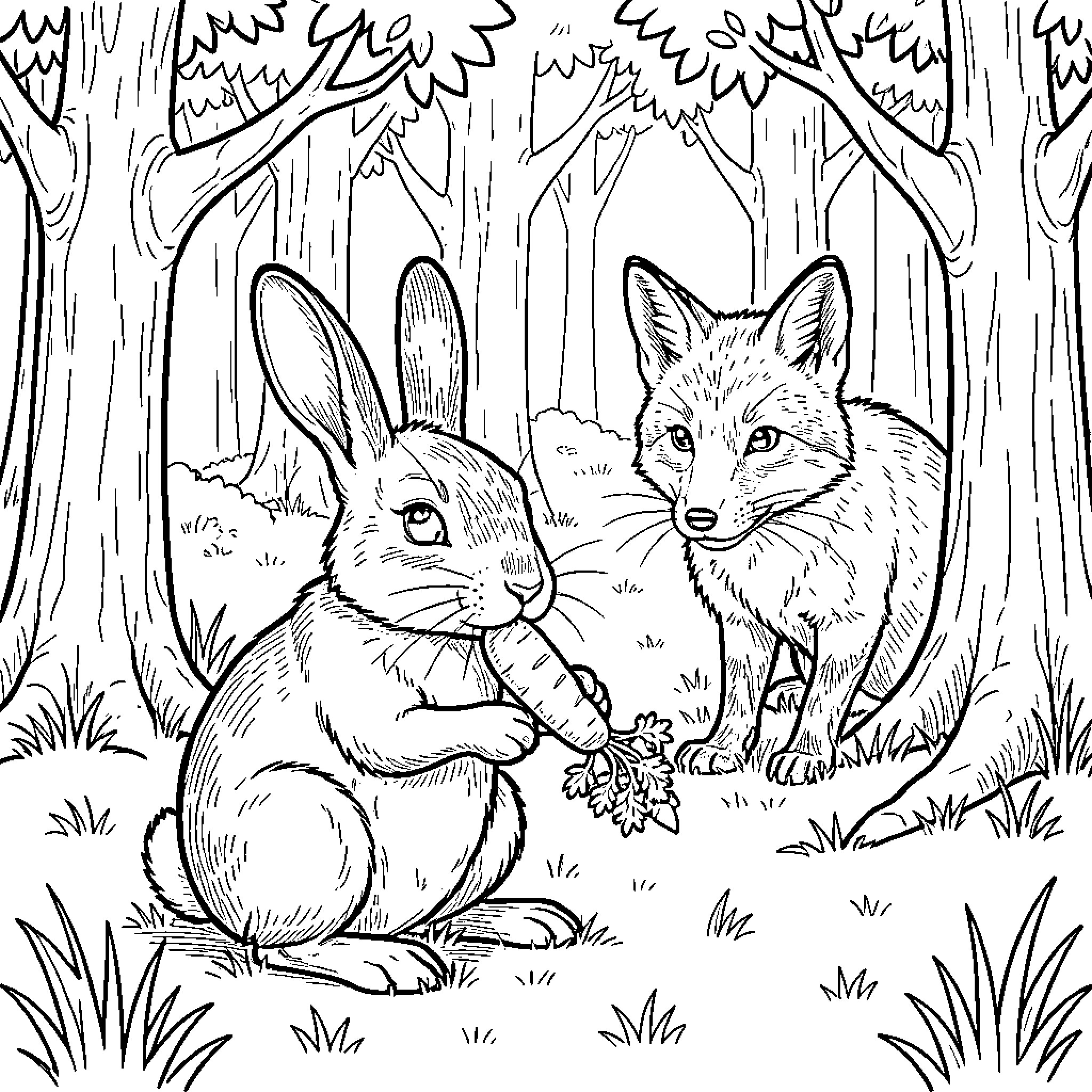 Rabbit eating a carrot while watching a fox Coloring Page (free black-and-white line drawing printable PDF for all, from beginners to advanced learners, including children, teens, adults, and seniors)