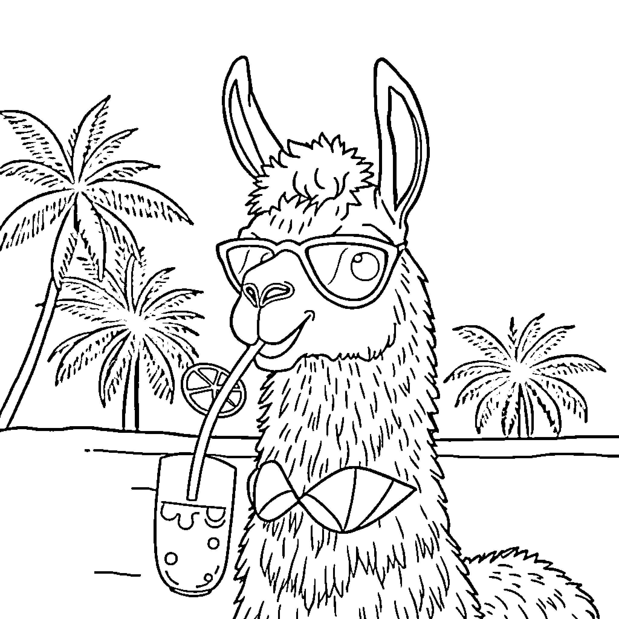 Llama relaxing with tropical drink on the beach Coloring Page (free black-and-white line drawing printable PDF for all, from beginners to advanced learners, including children, teens, adults, and seniors)