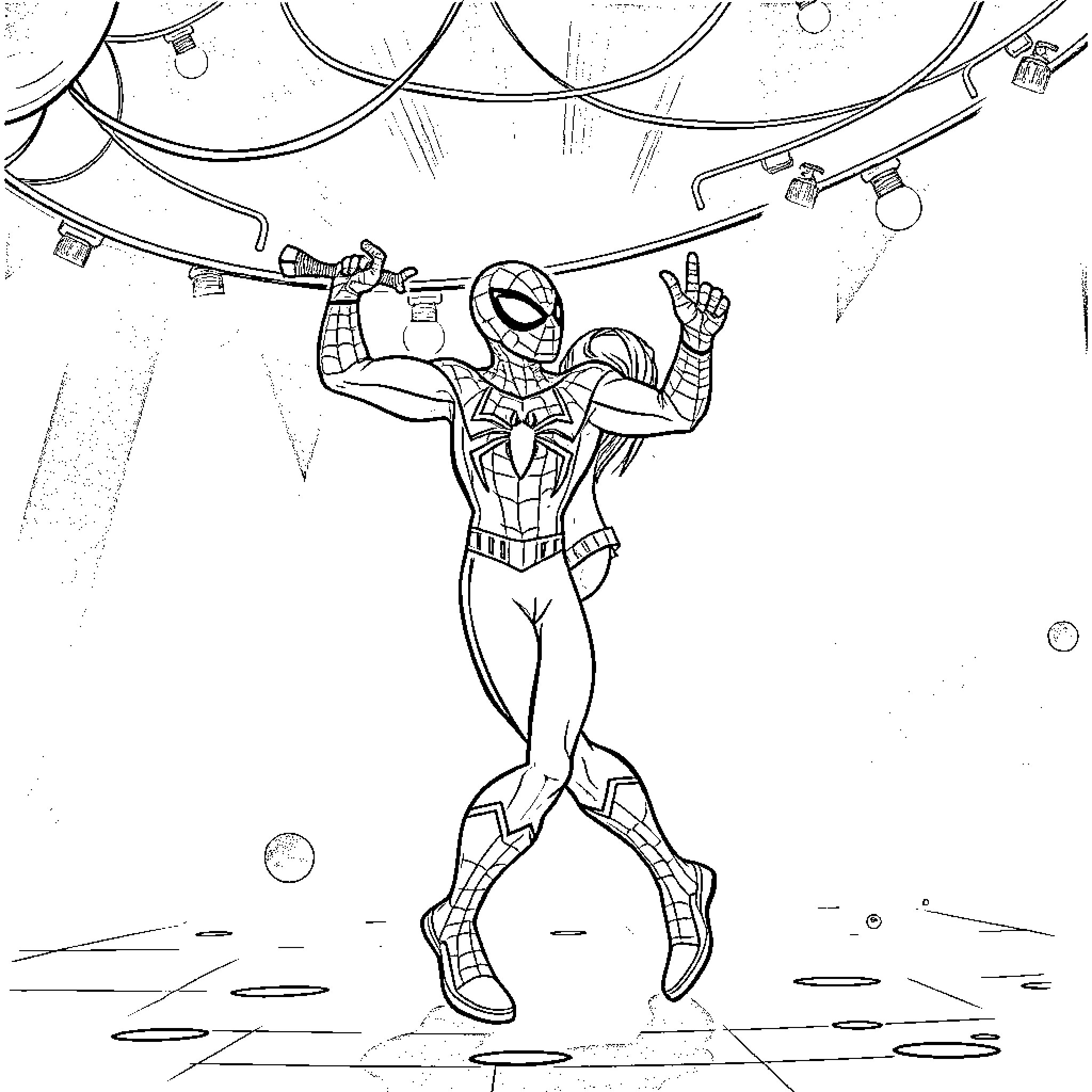 Spiderman performing acrobatic maneuvers in a festive setting Coloring Page (free black-and-white line drawing printable PDF for all, from beginners to advanced learners, including children, teens, adults, and seniors)