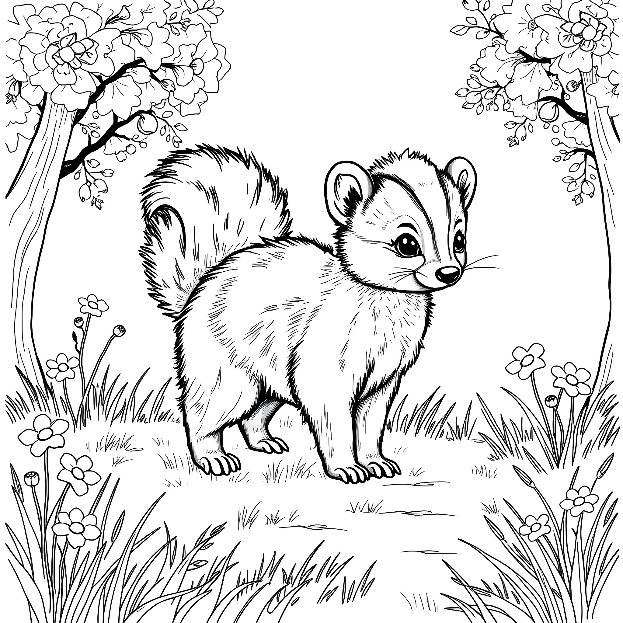 Skunk exploring the floral forest Coloring Page (free black-and-white line drawing printable PDF for all, from beginners to advanced learners, including children, teens, adults, and seniors)