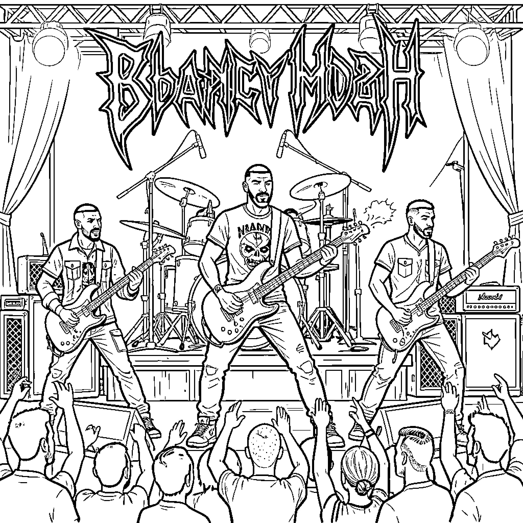 Mbappe and band performing high energy music on stage Coloring Page (free black-and-white line drawing printable PDF for all, from beginners to advanced learners, including children, teens, adults, and seniors)