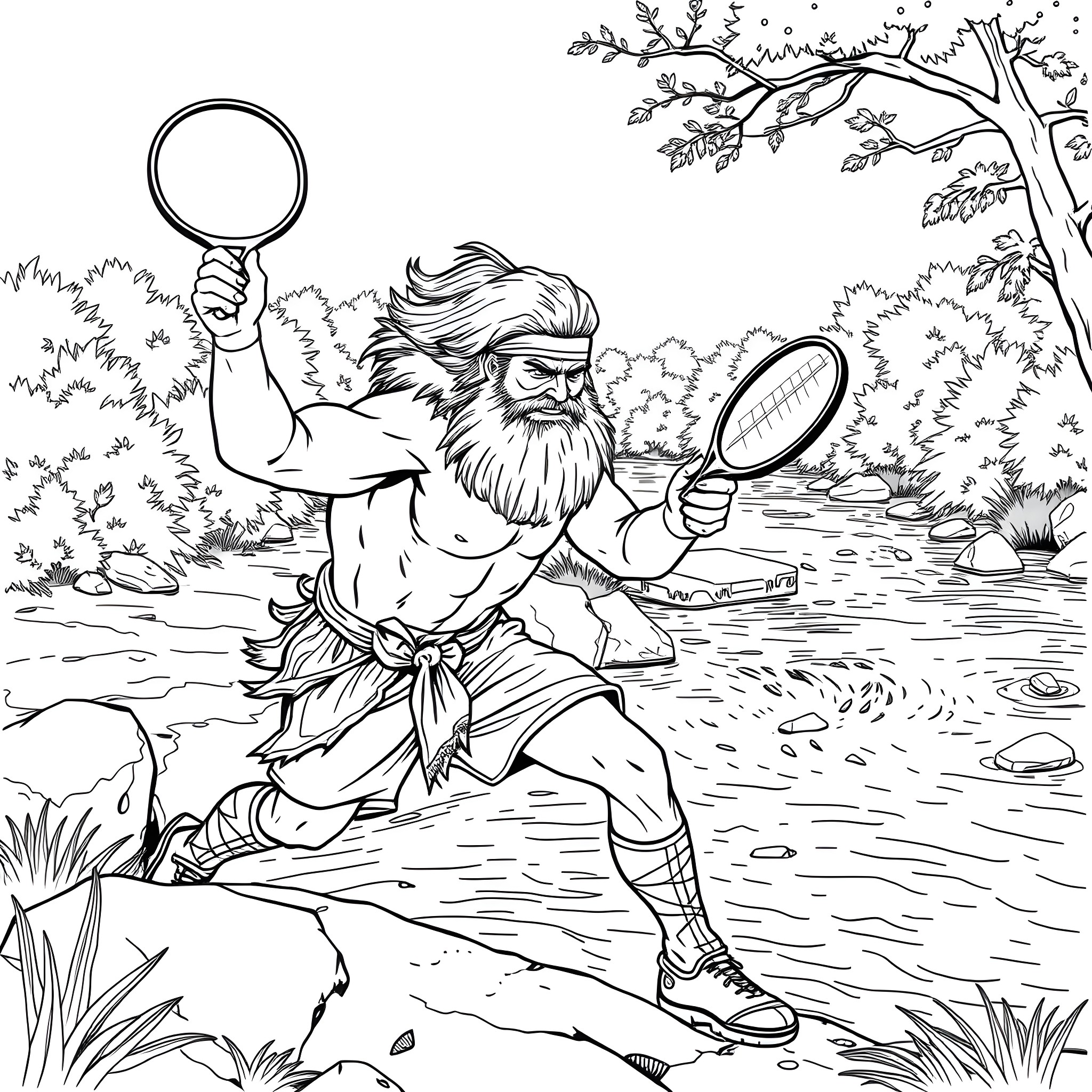 Warrior Chasing Butterflies in the Wilderness Coloring Page (free black-and-white line drawing printable PDF for all, from beginners to advanced learners, including children, teens, adults, and seniors)