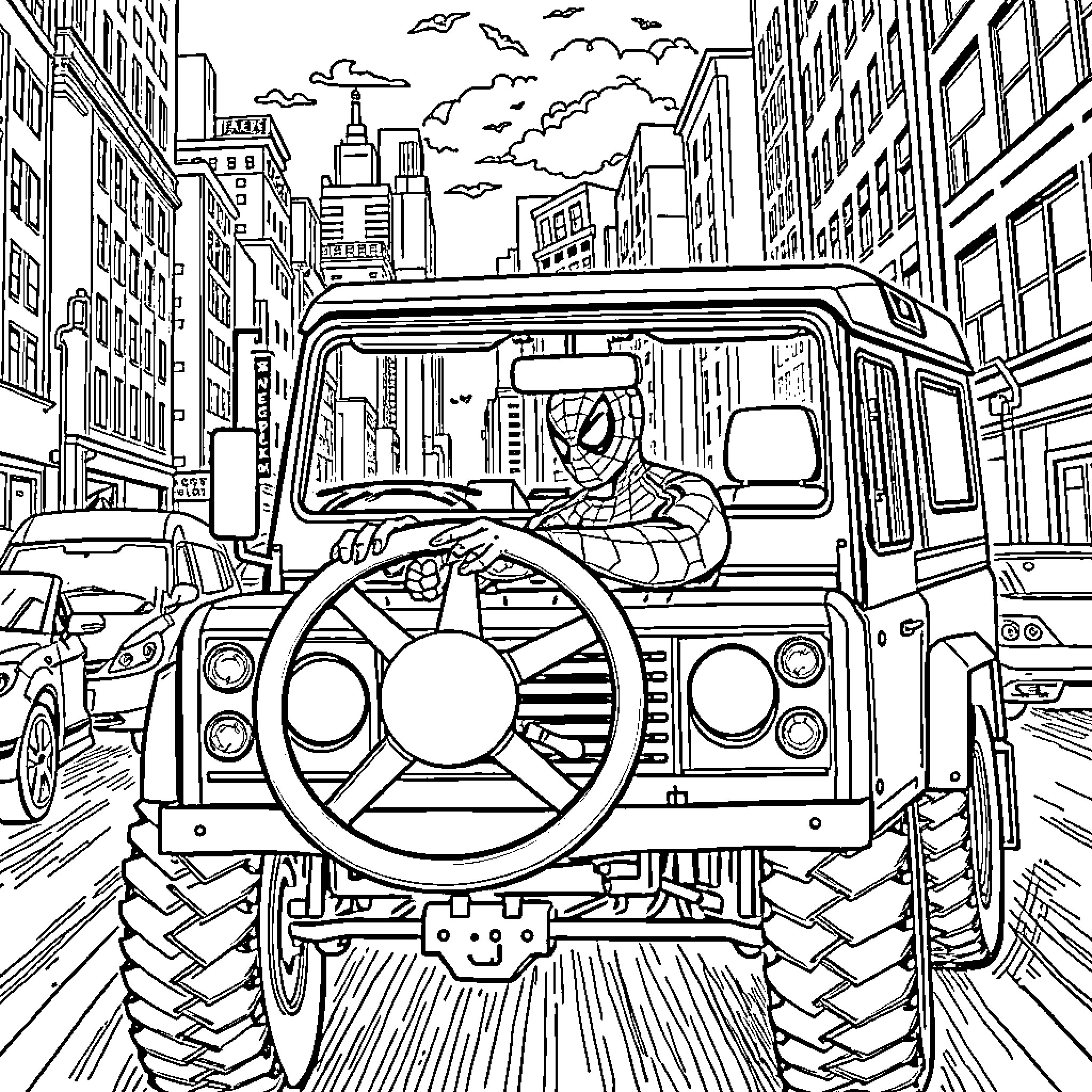 Spider-Man driving a Jeep through the city streets Coloring Page (free black-and-white line drawing printable PDF for all, from beginners to advanced learners, including children, teens, adults, and seniors)