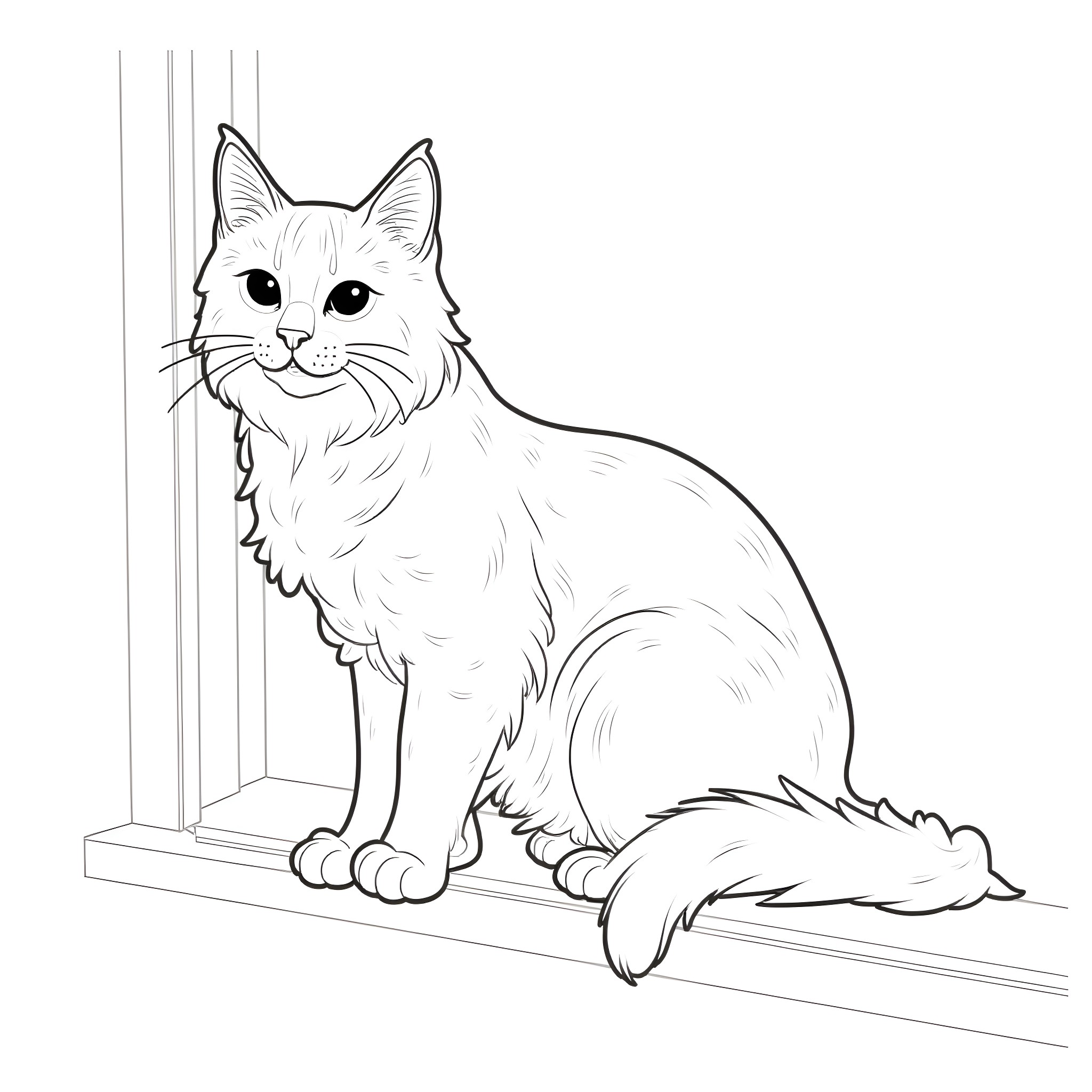 Maine Coon Cat Sitting on Windowsill Coloring Page (free black-and-white line drawing printable PDF for all, from beginners to advanced learners, including children, teens, adults, and seniors)