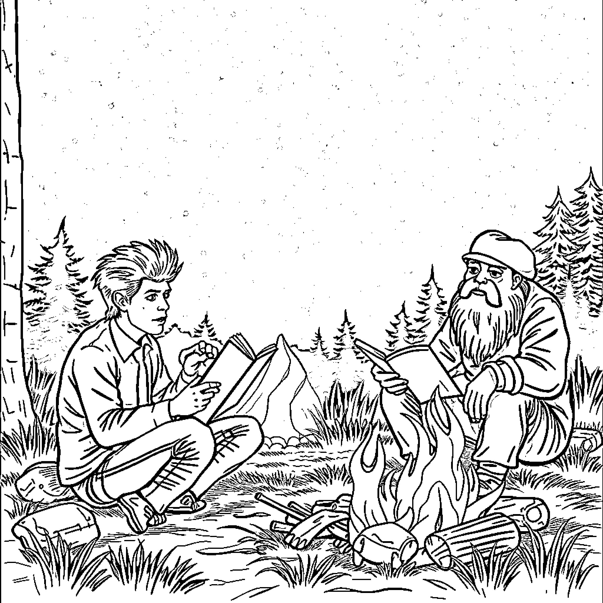 David Bowie and Old Man Engaged in Outdoor Conversation Coloring Page (free black-and-white line drawing printable PDF for all, from beginners to advanced learners, including children, teens, adults, and seniors)