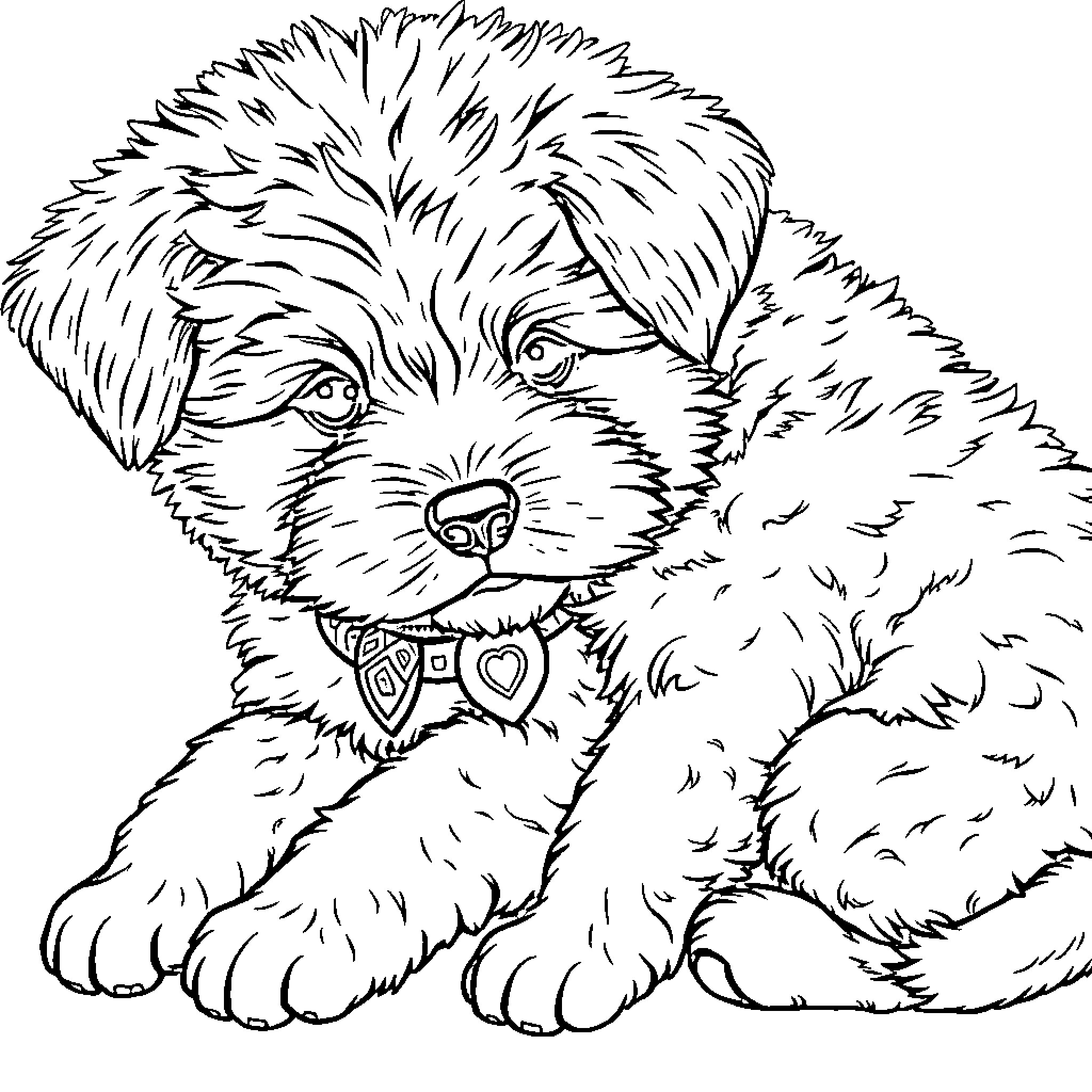 Puppy with a collar sitting on the ground Coloring Page (free black-and-white line drawing printable PDF for all, from beginners to advanced learners, including children, teens, adults, and seniors)