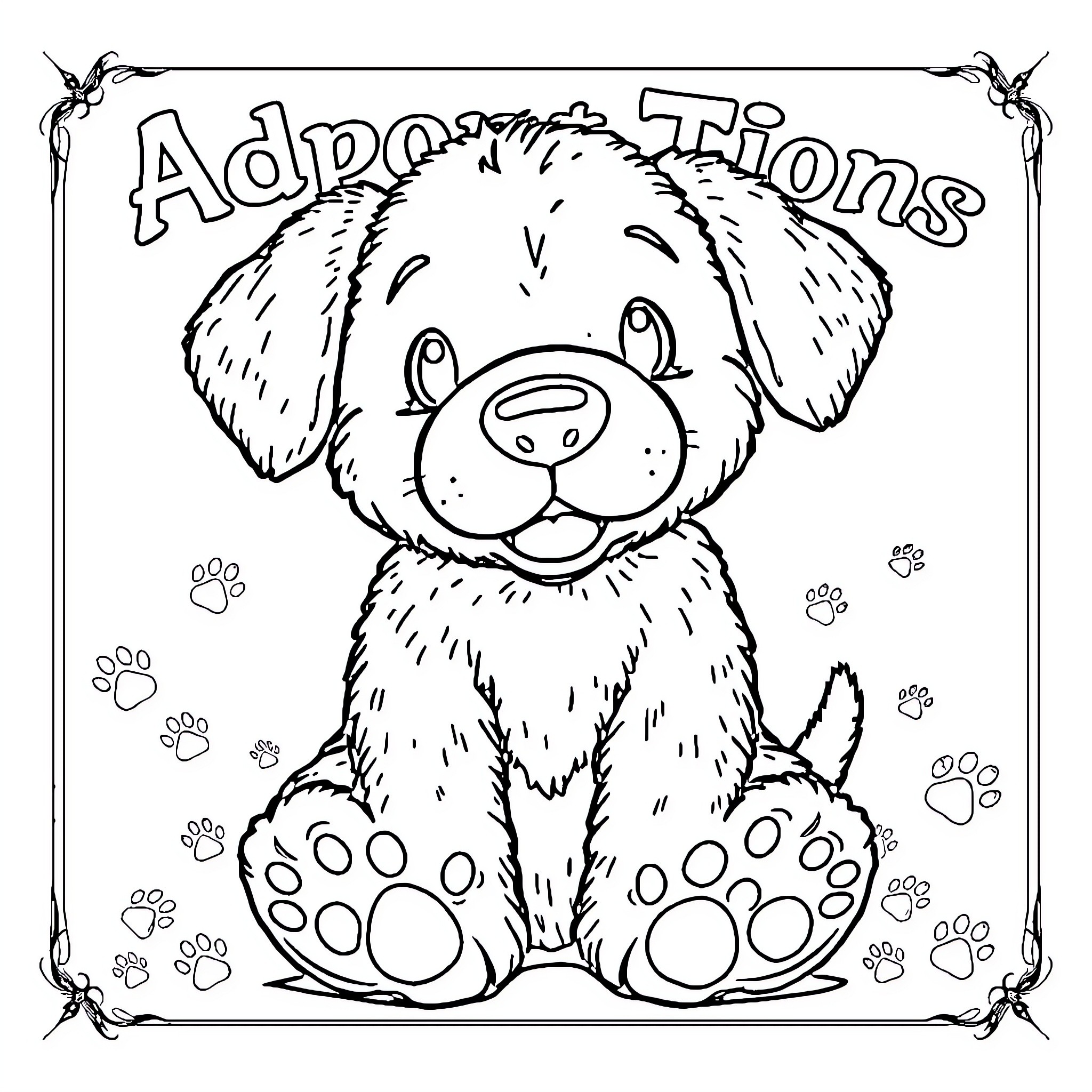 Puppy sitting adorably on paw prints Coloring Page (free black-and-white line drawing printable PDF for all, from beginners to advanced learners, including children, teens, adults, and seniors)